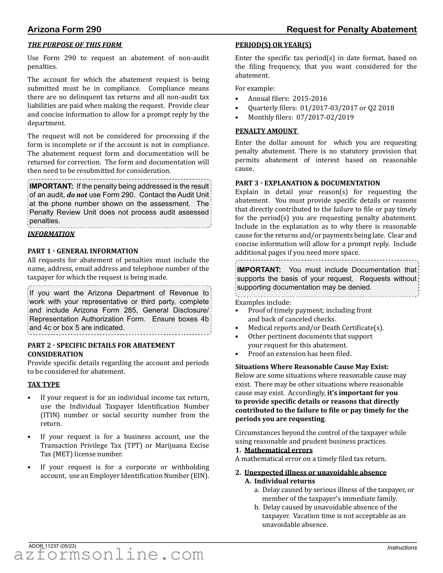 Free 290 Arizona Form