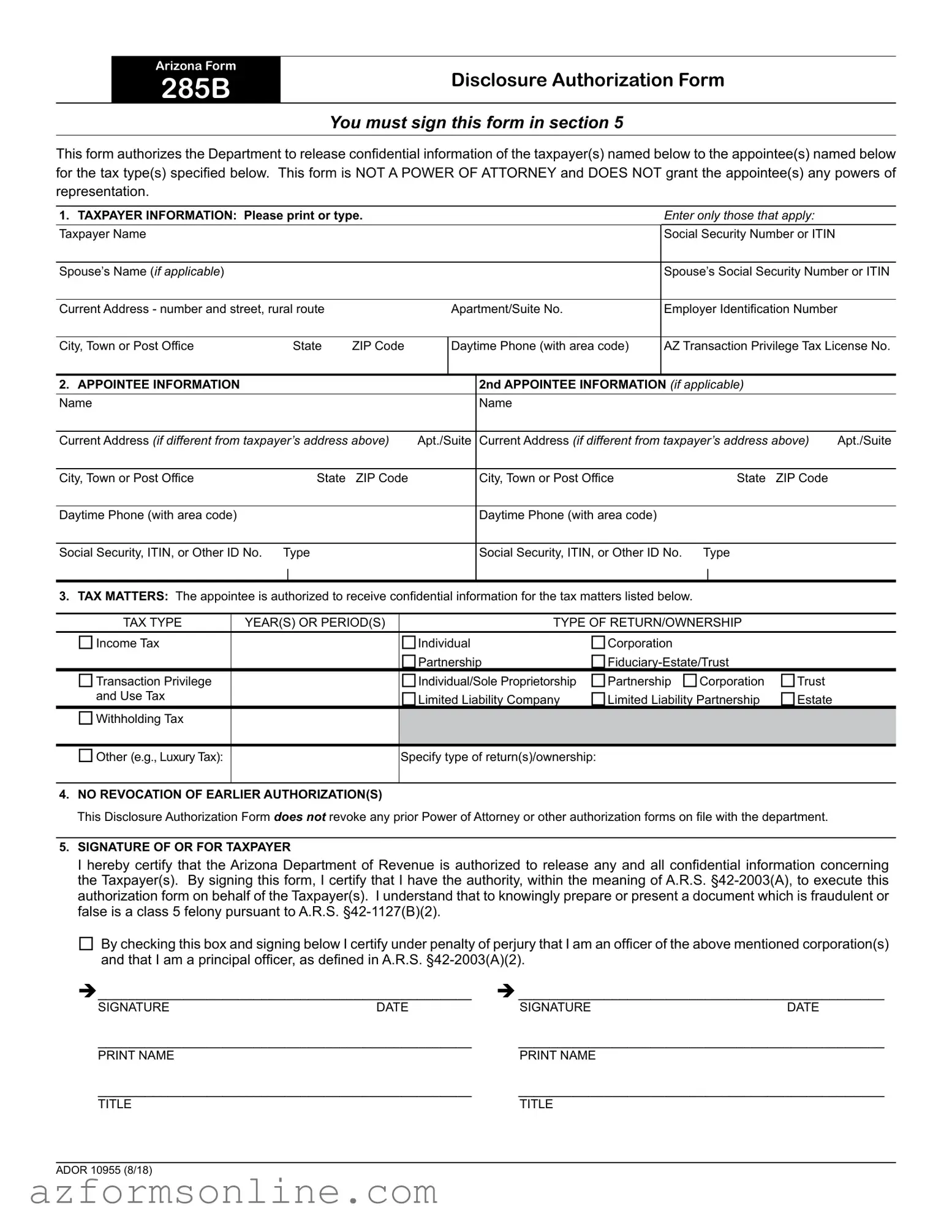 Free Arizona 285 Form