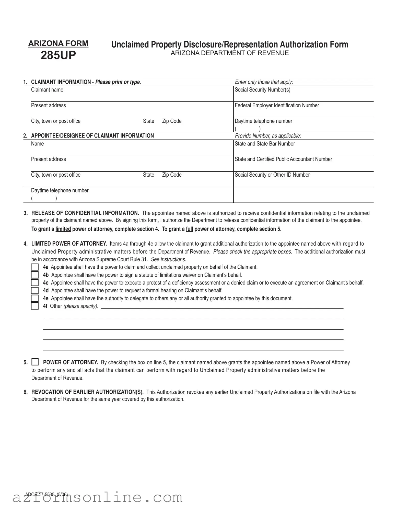 Free Arizona 285Up Form