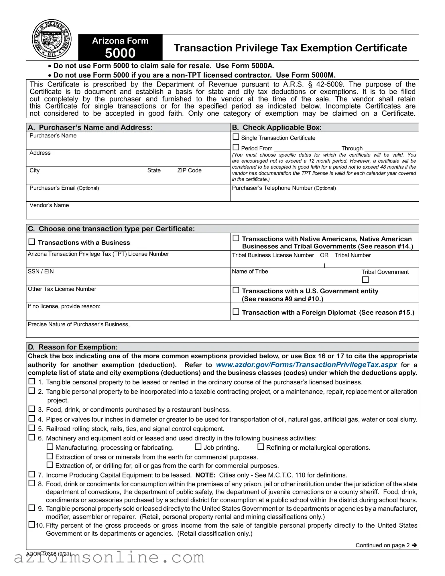 Free Arizona 5000 Form