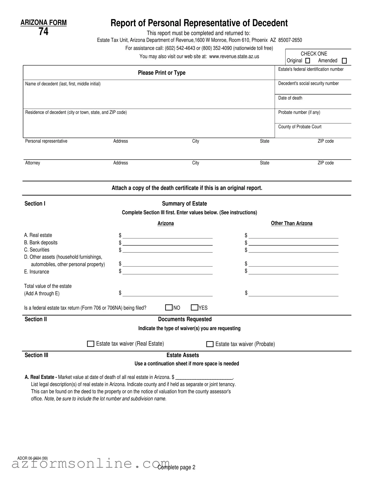 Free Arizona 74 Form