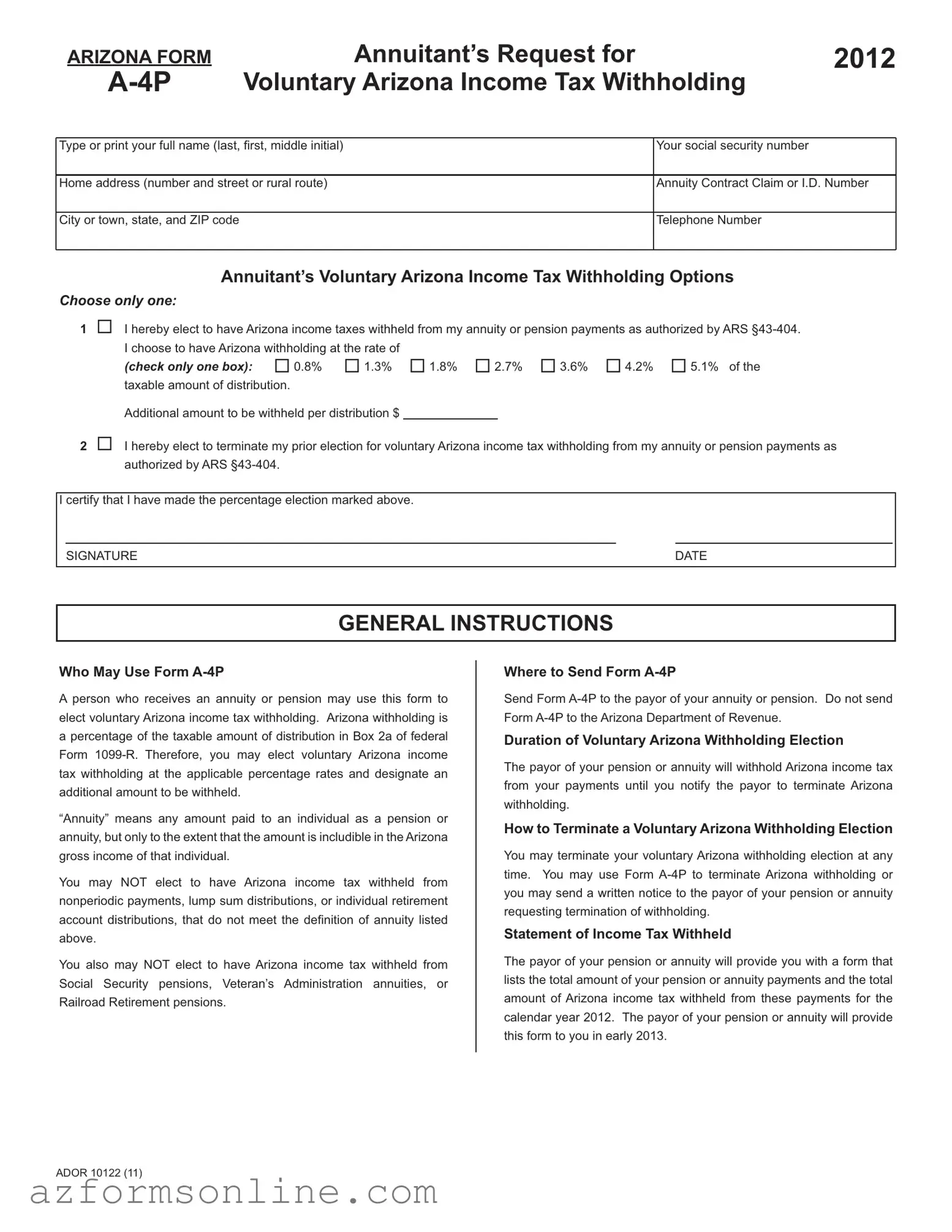 Free Arizona A 4P Form