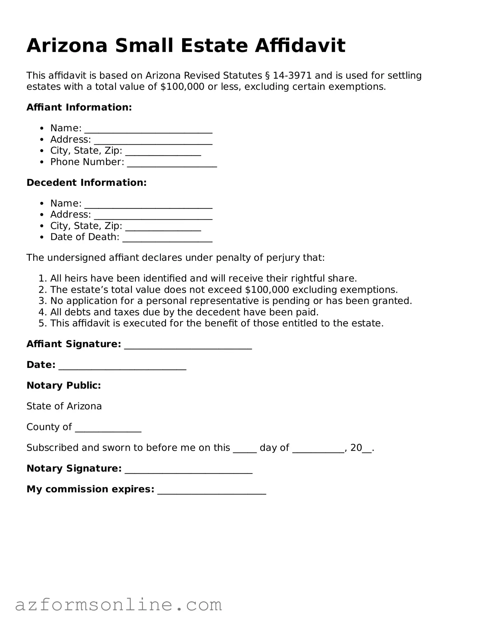 Fillable Small Estate Affidavit Form for the State of Arizona