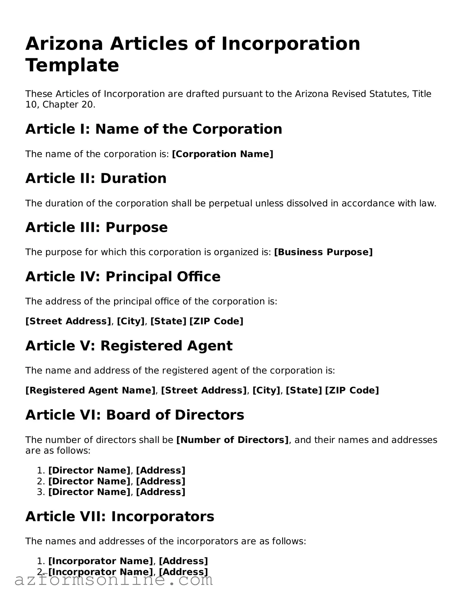 Fillable Articles of Incorporation Form for the State of Arizona