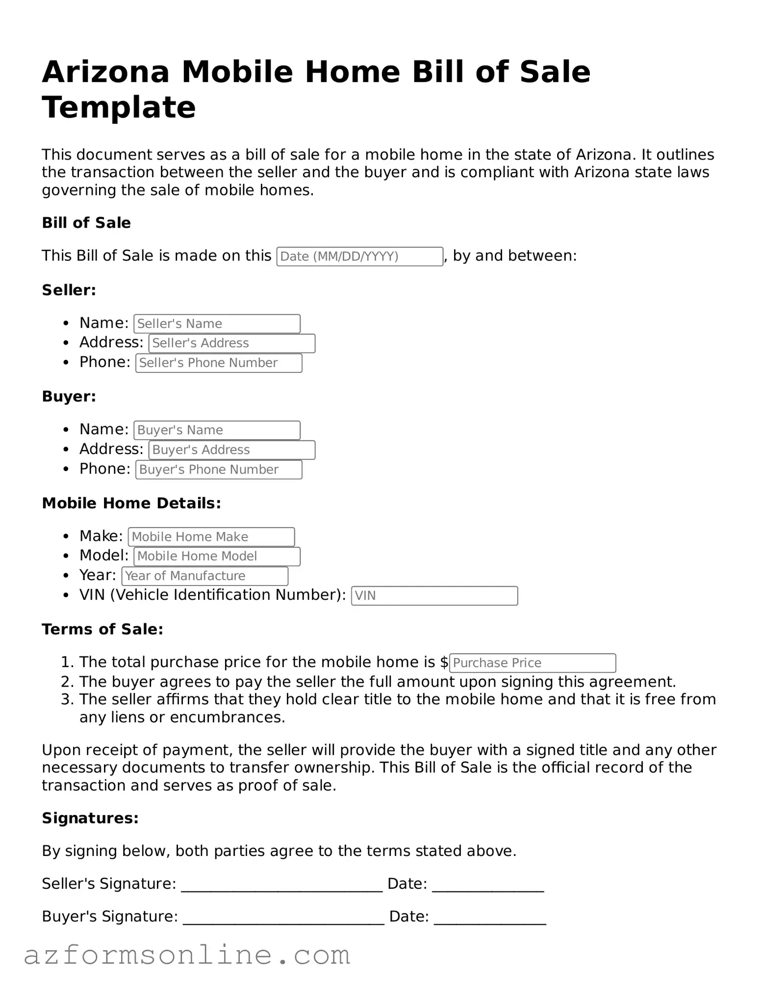 Fillable Mobile Home Bill of Sale Form for the State of Arizona