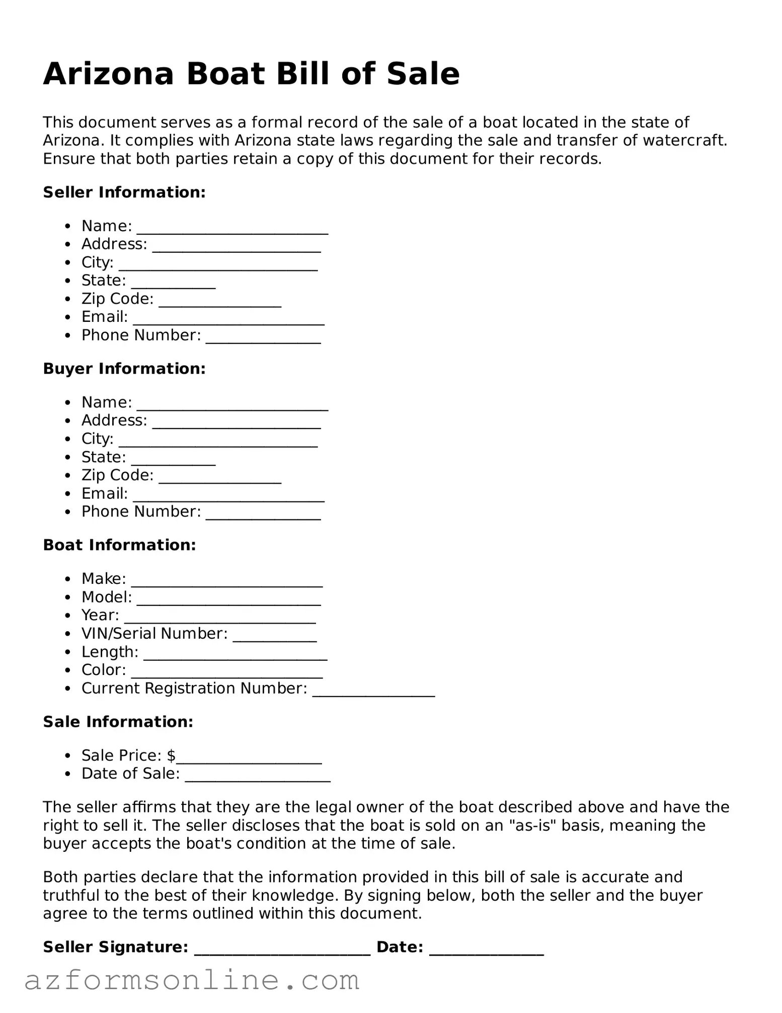 Fillable Boat Bill of Sale Form for the State of Arizona