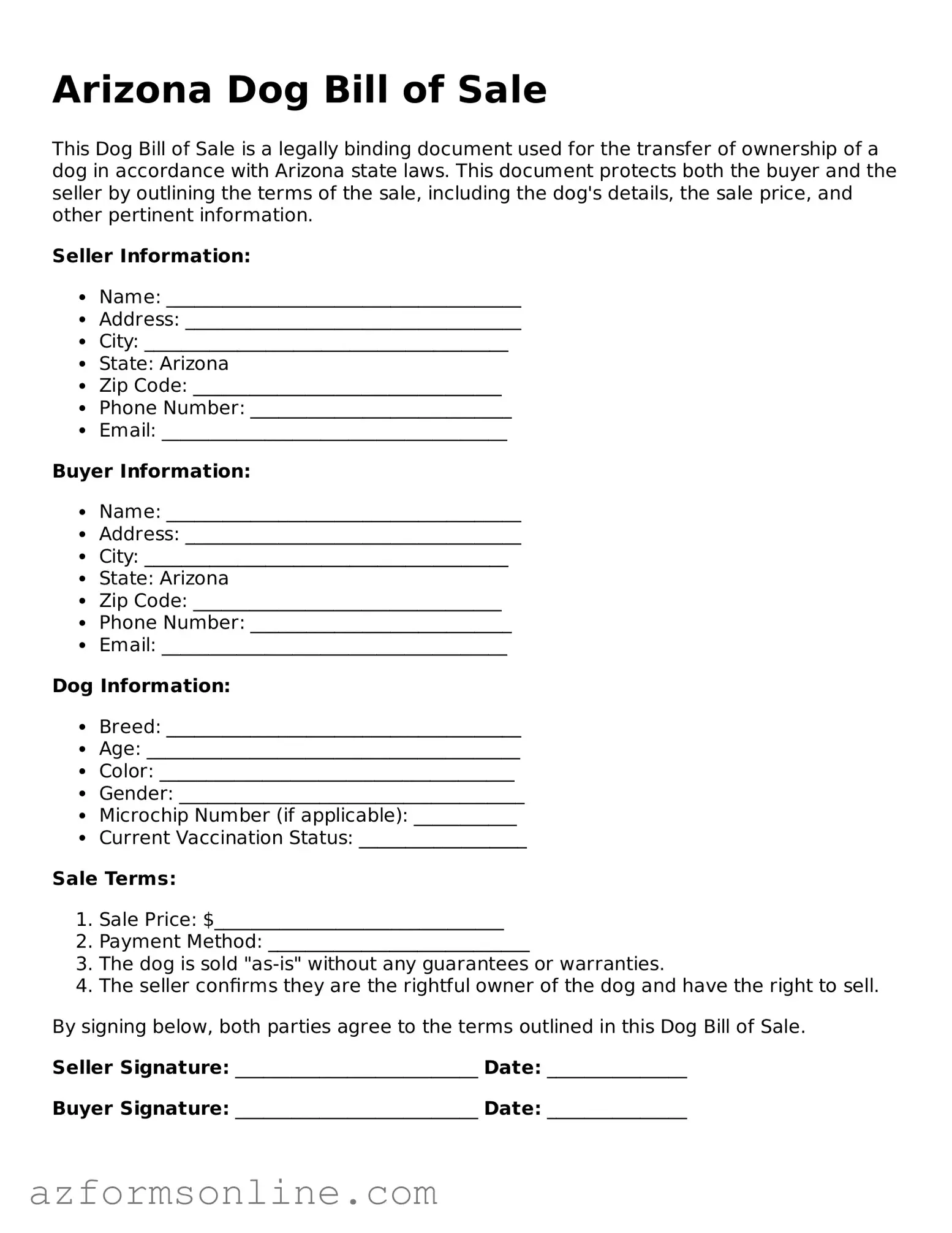 Fillable Dog Bill of Sale Form for the State of Arizona