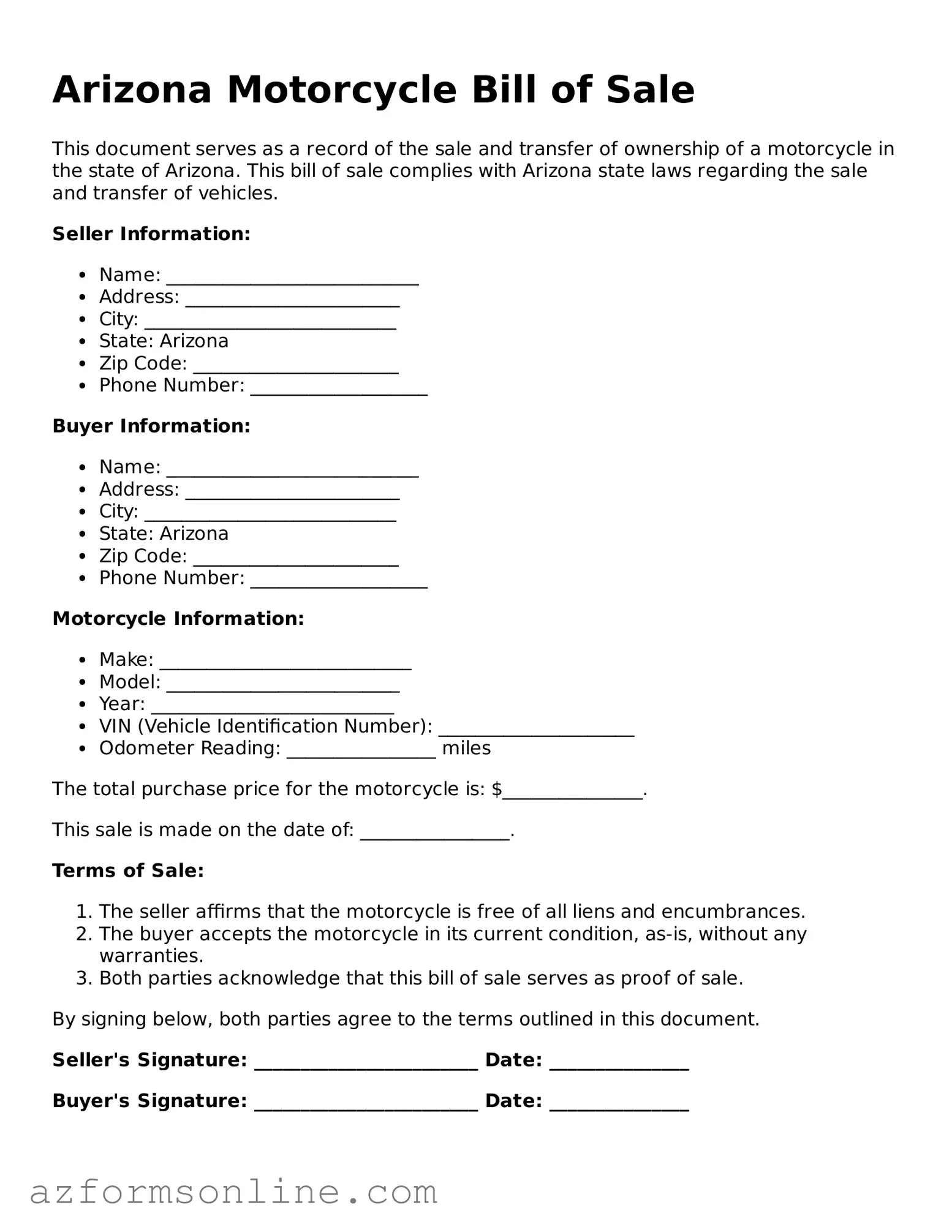 Fillable Motorcycle Bill of Sale Form for the State of Arizona