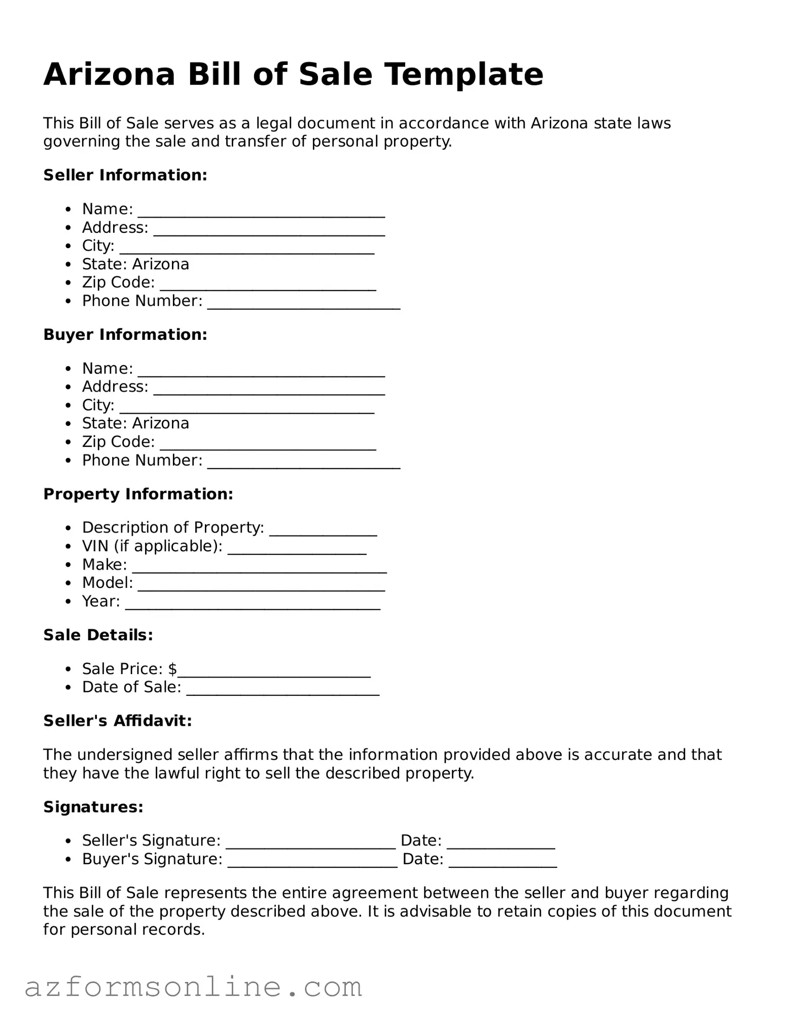 Fillable Bill of Sale Form for the State of Arizona