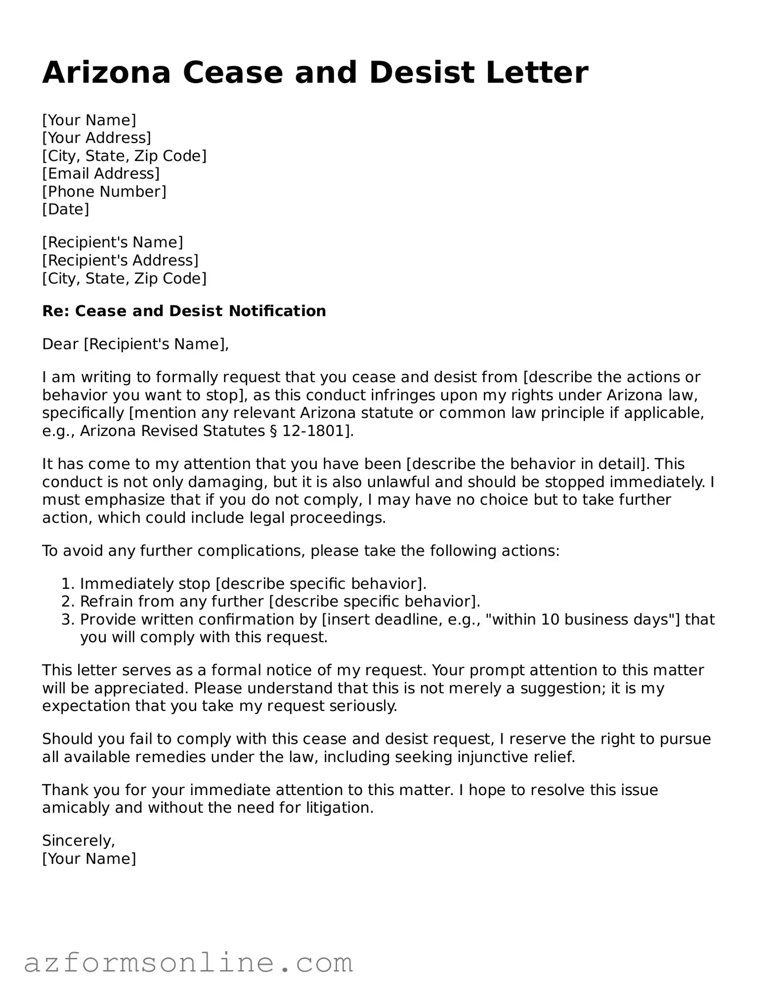 Fillable Cease and Desist Letter Form for the State of Arizona