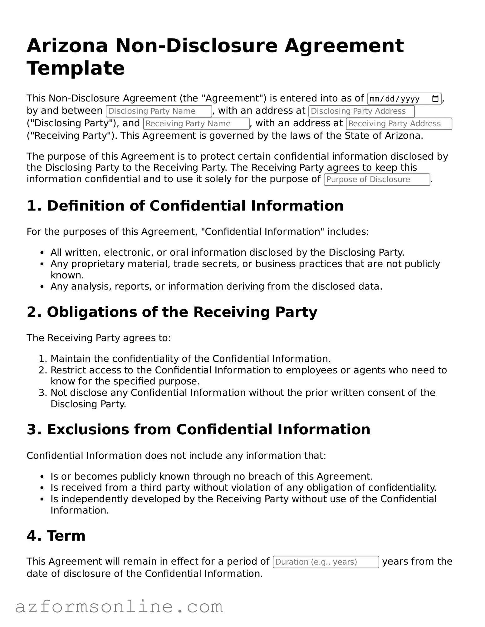 Fillable Non-disclosure Agreement Form for the State of Arizona