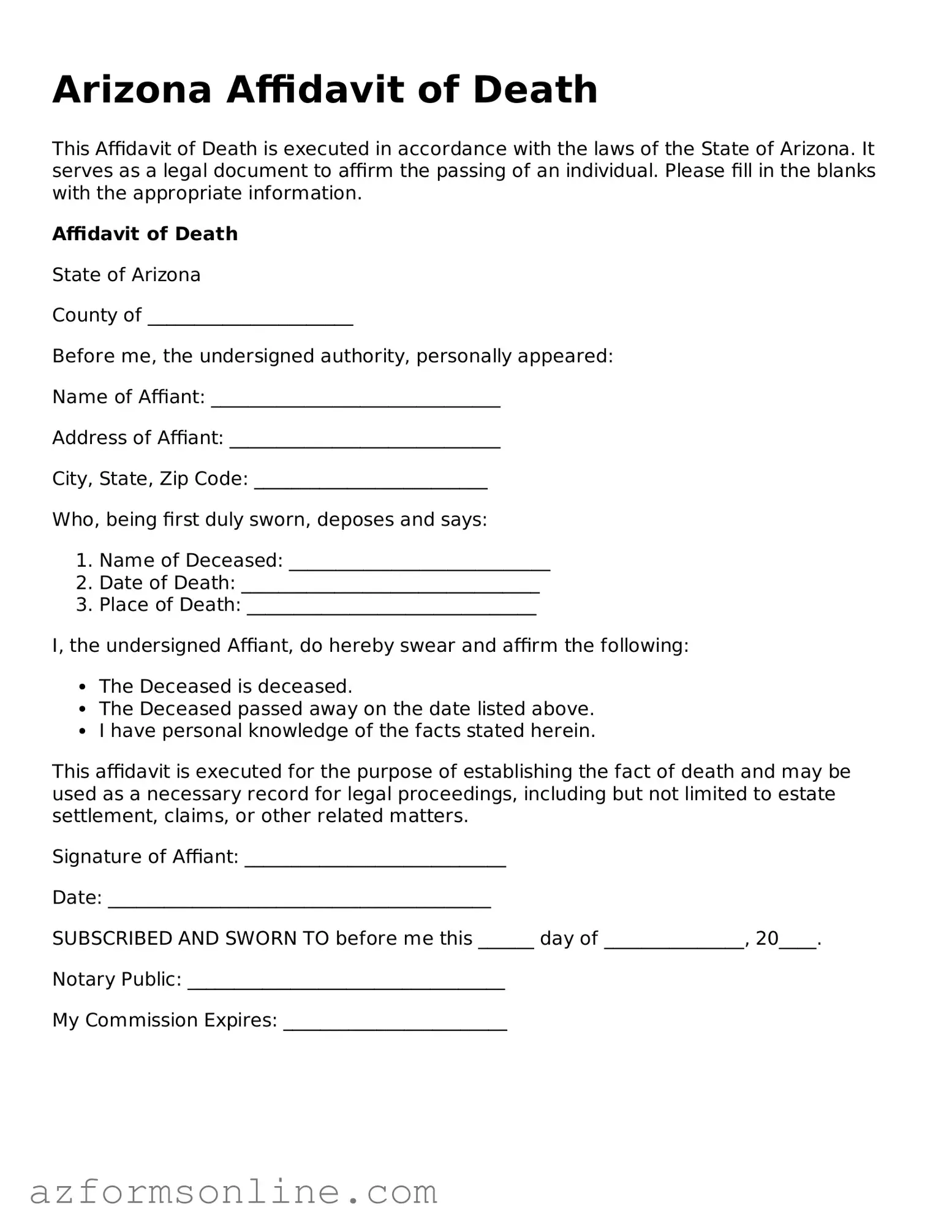 Fillable Affidavit of Death Form for the State of Arizona