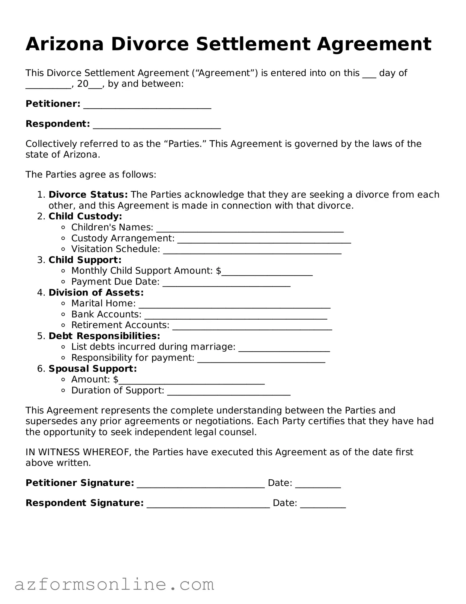 Fillable Divorce Settlement Agreement Form for the State of Arizona