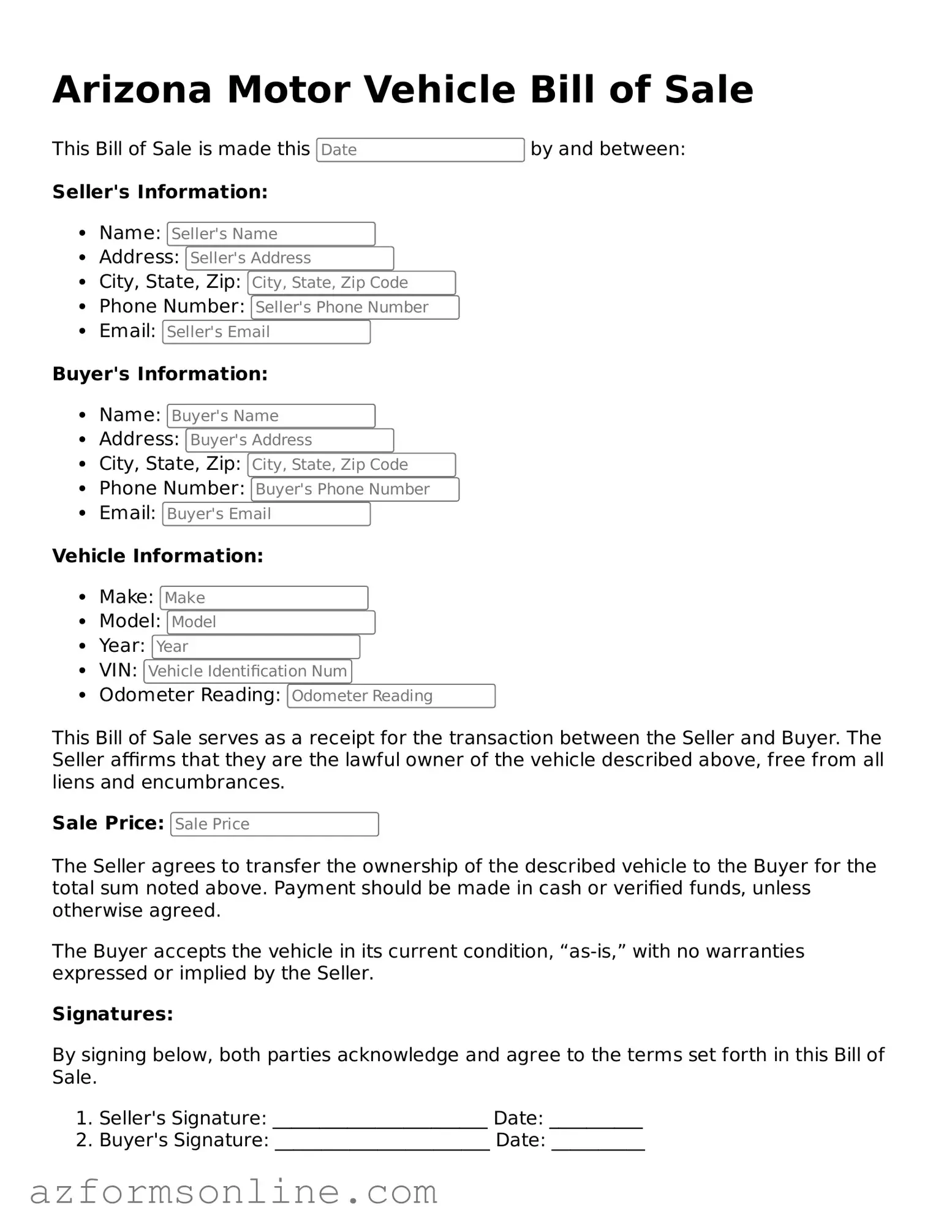 Fillable Motor Vehicle Bill of Sale Form for the State of Arizona