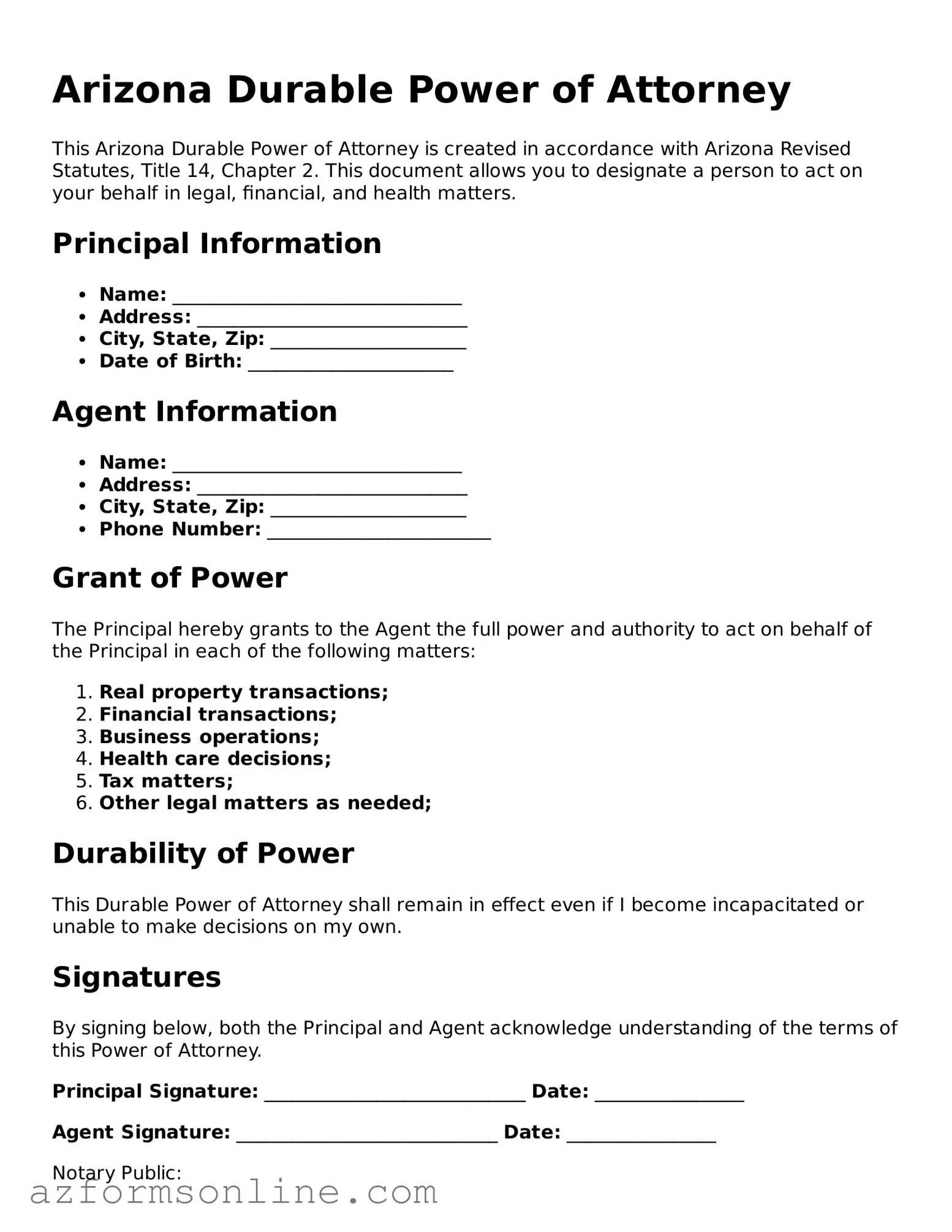 Fillable Durable Power of Attorney Form for the State of Arizona