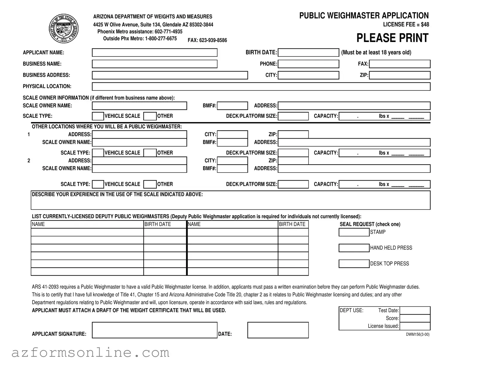 Free Arizona Dwm156 Form