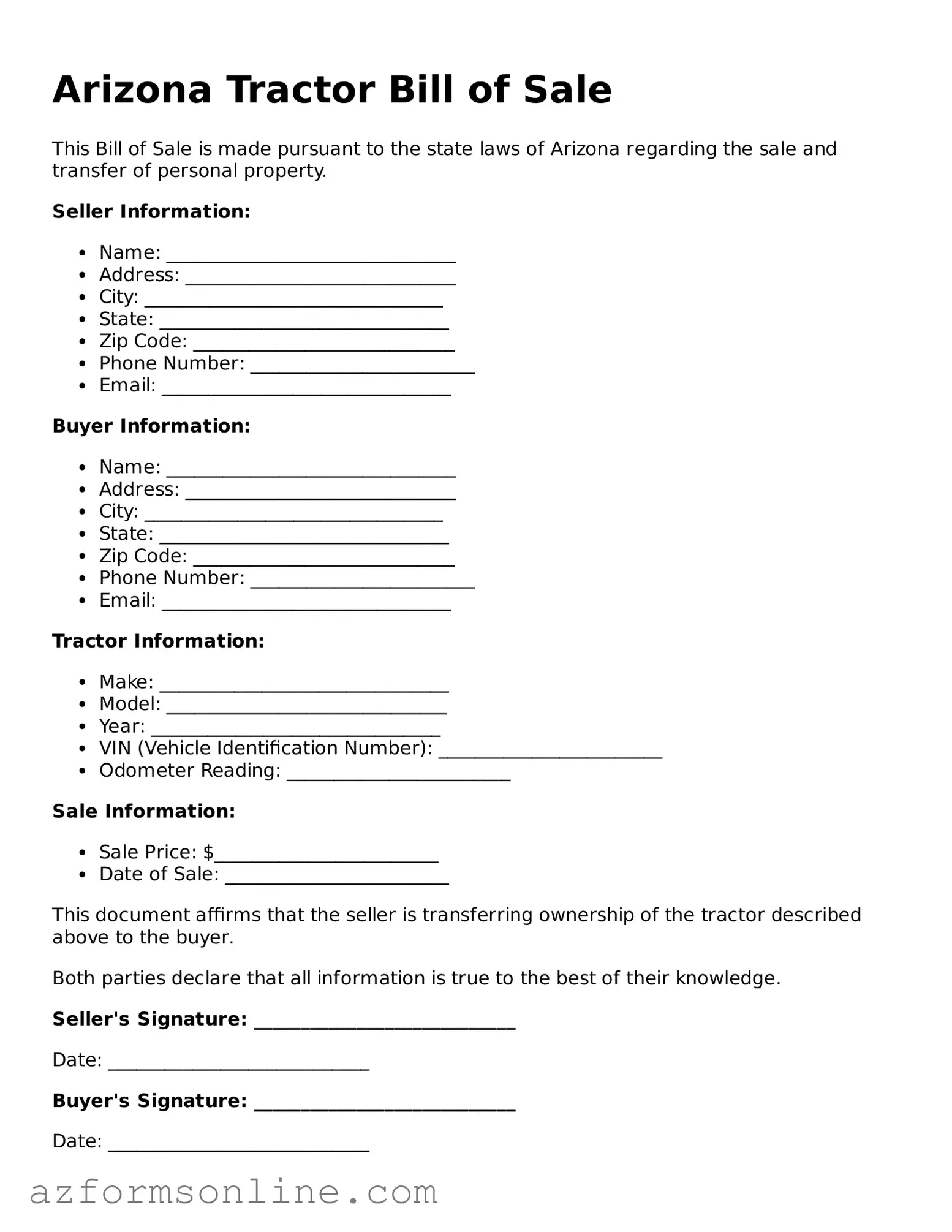 Fillable Tractor Bill of Sale Form for the State of Arizona
