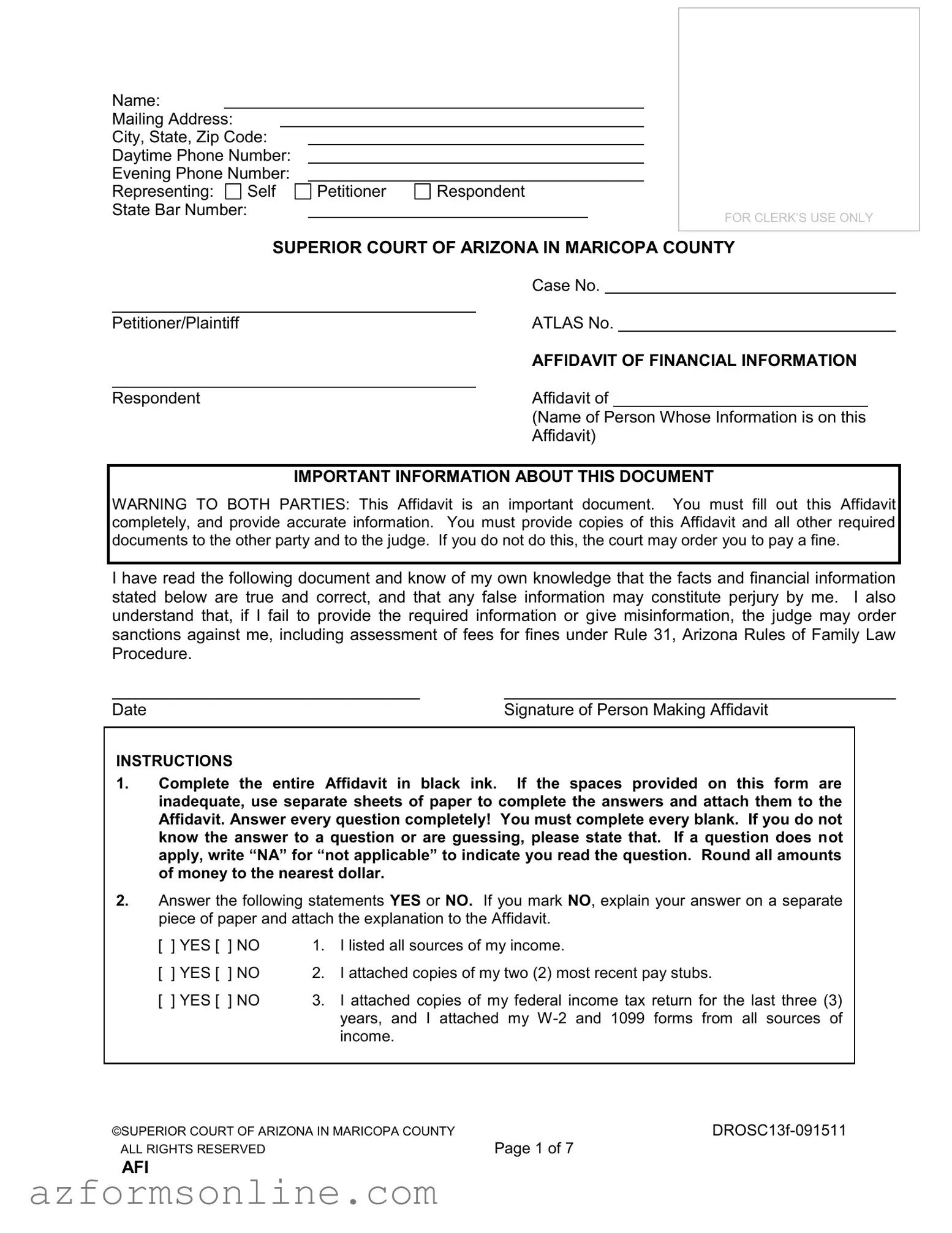 Free Arizona Financial Form