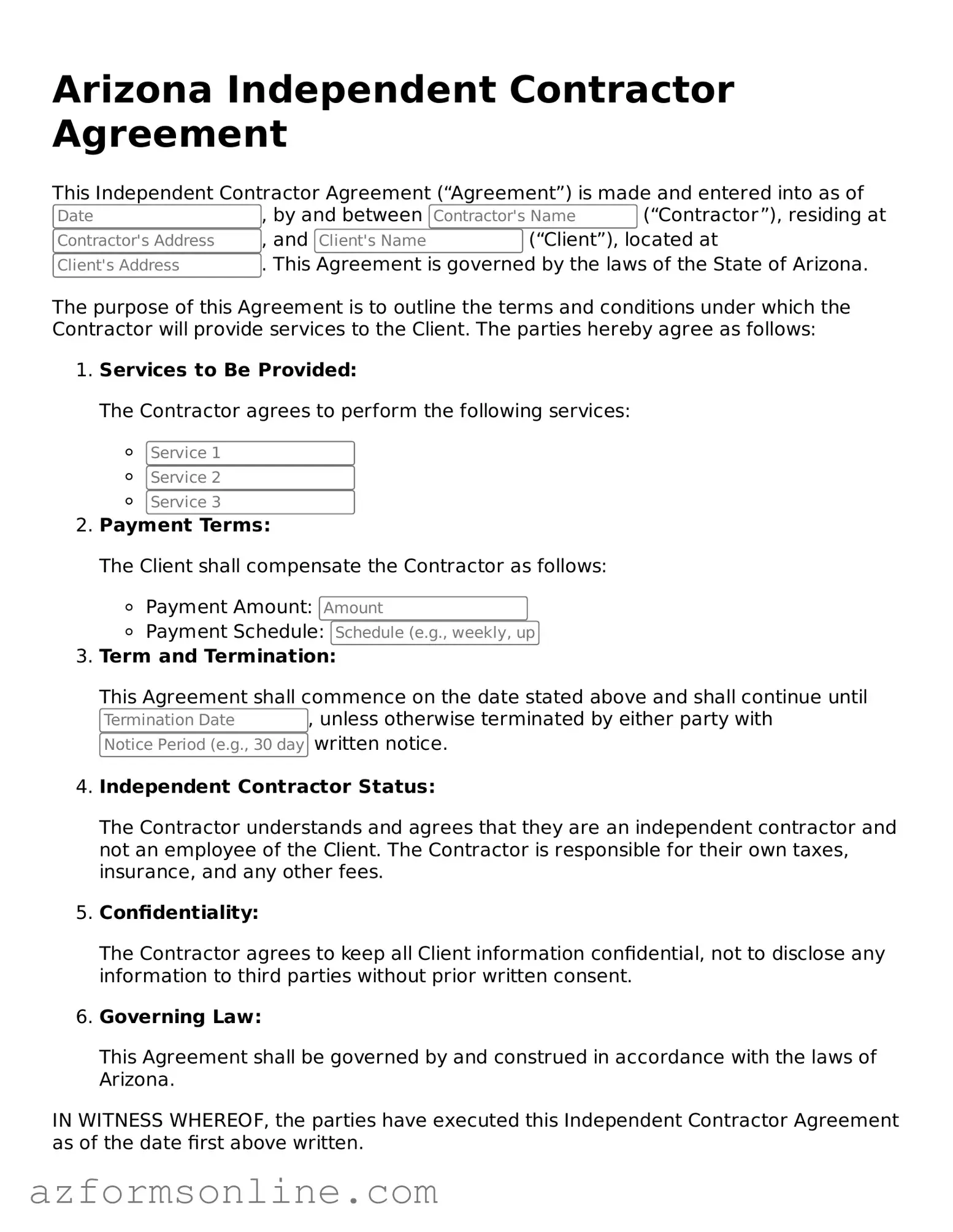 Fillable Independent Contractor Agreement Form for the State of Arizona