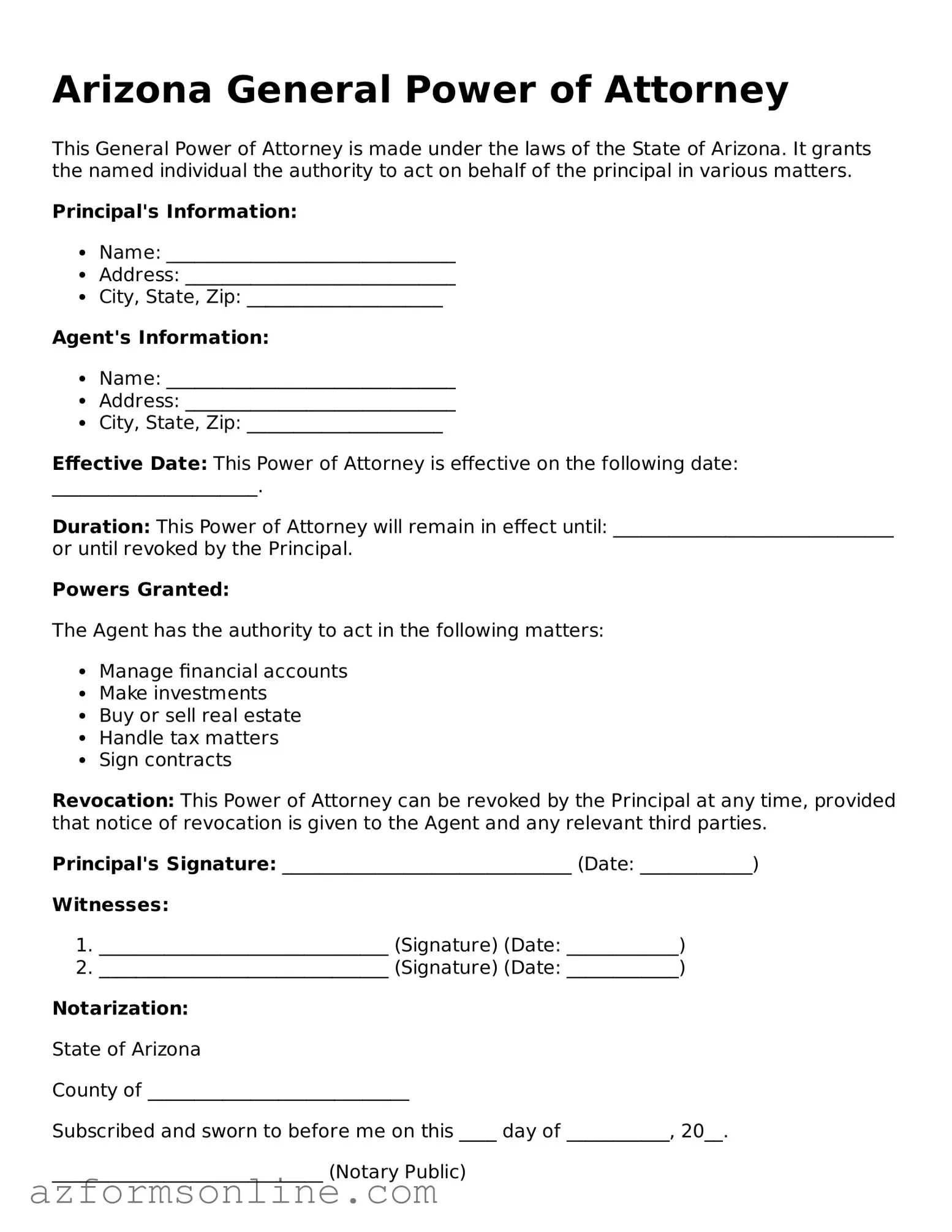 Fillable General Power of Attorney Form for the State of Arizona