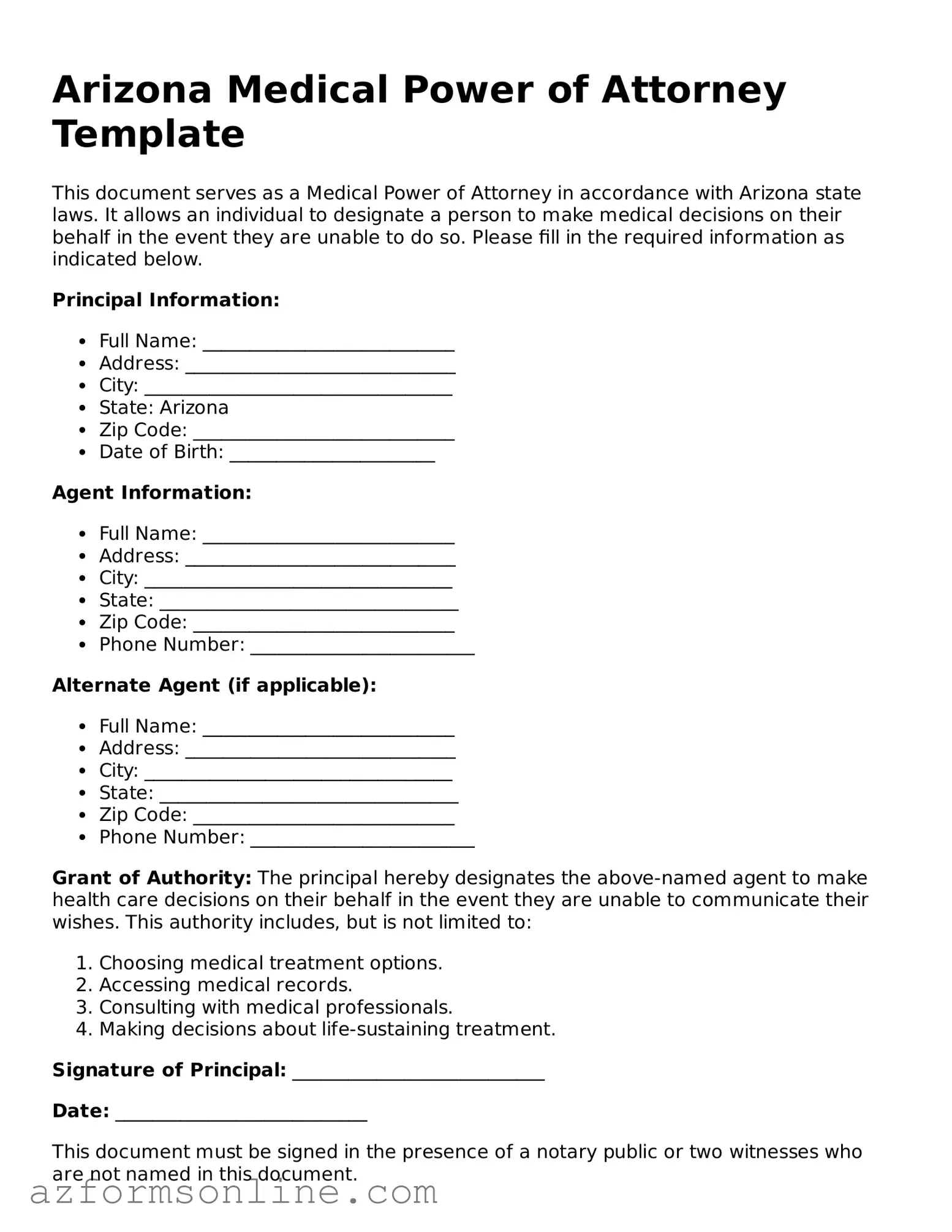 Fillable Medical Power of Attorney Form for the State of Arizona