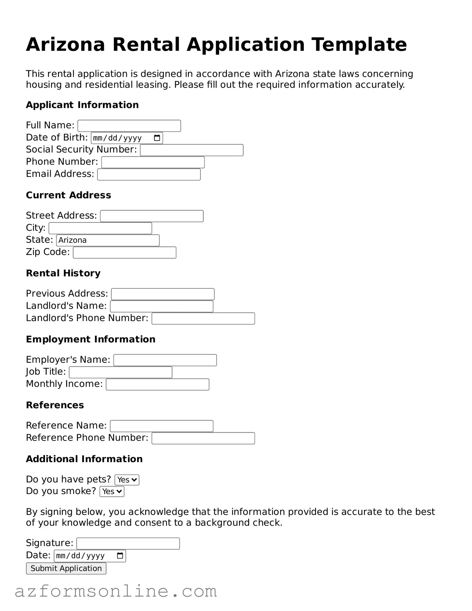 Fillable Rental Application Form for the State of Arizona