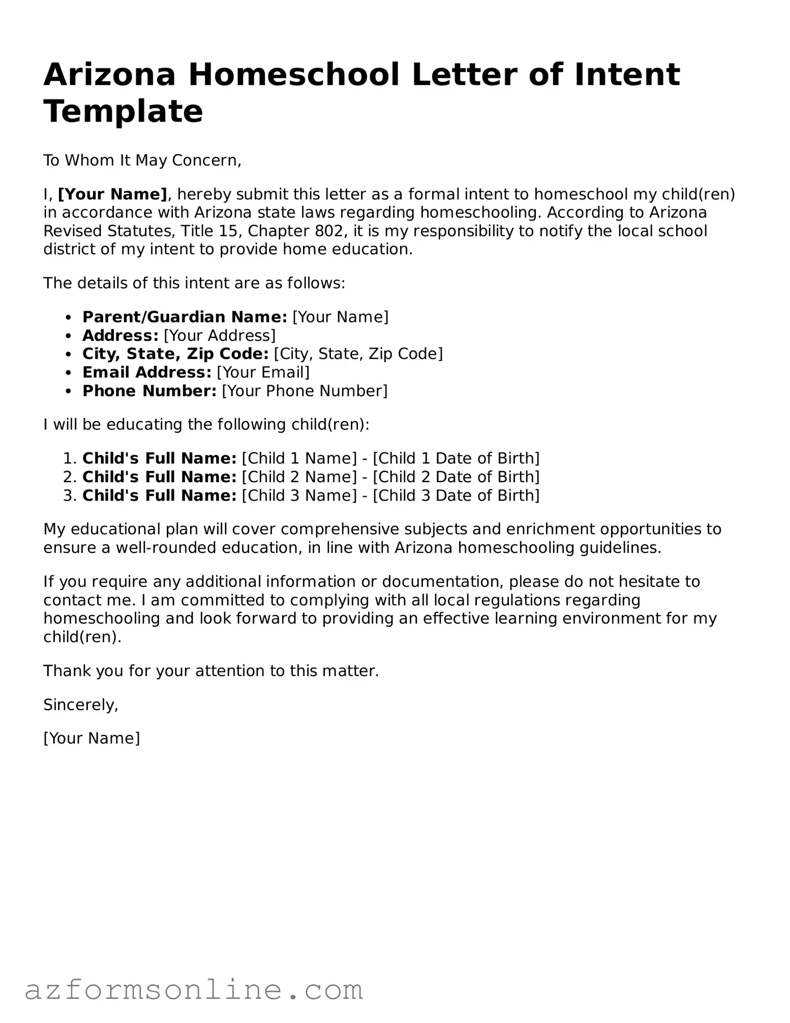 Fillable Homeschool Letter of Intent Form for the State of Arizona