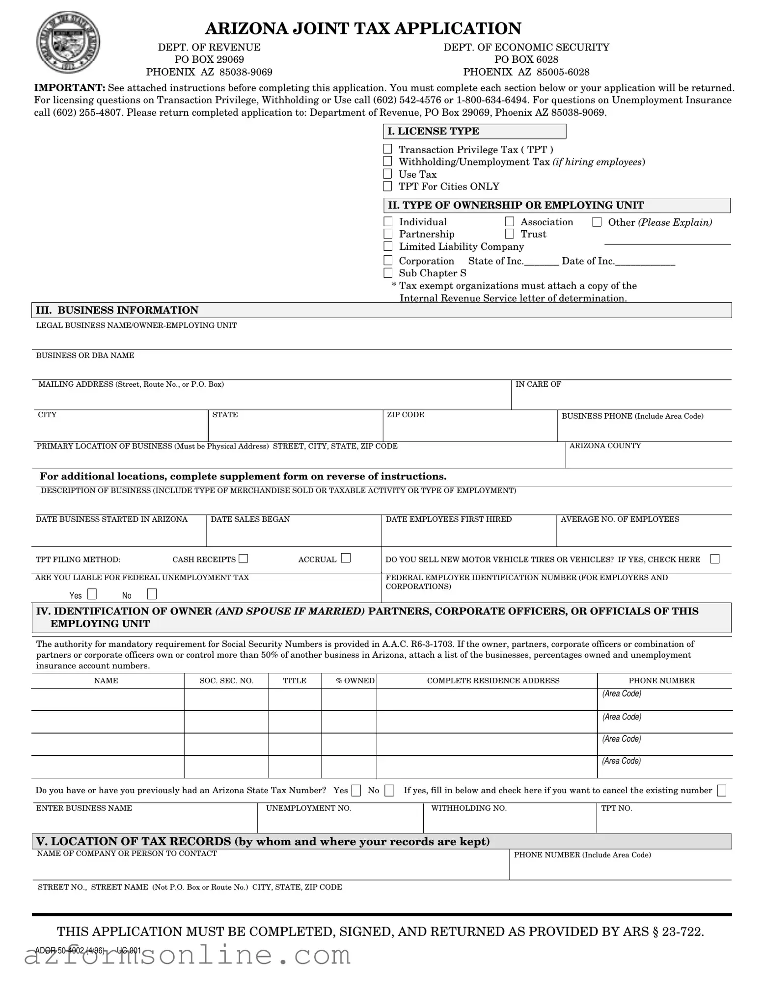 Free Arizona Joint Tax Application Form