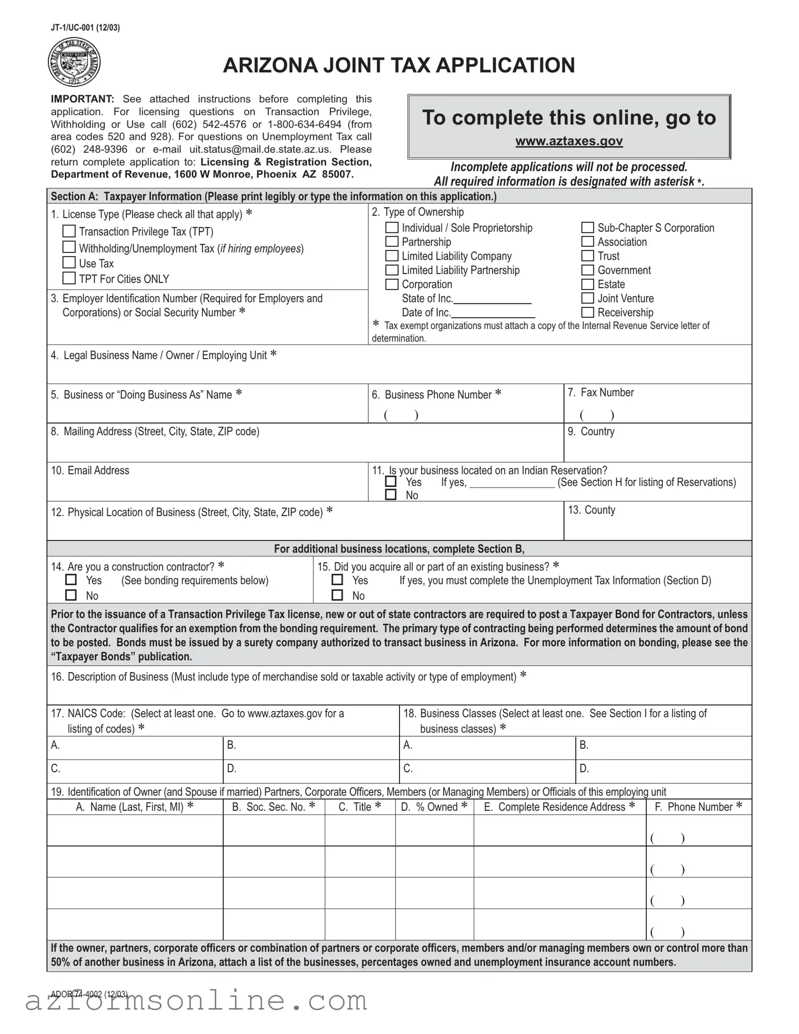 Free Arizona Jt 1 Uc 001 Form