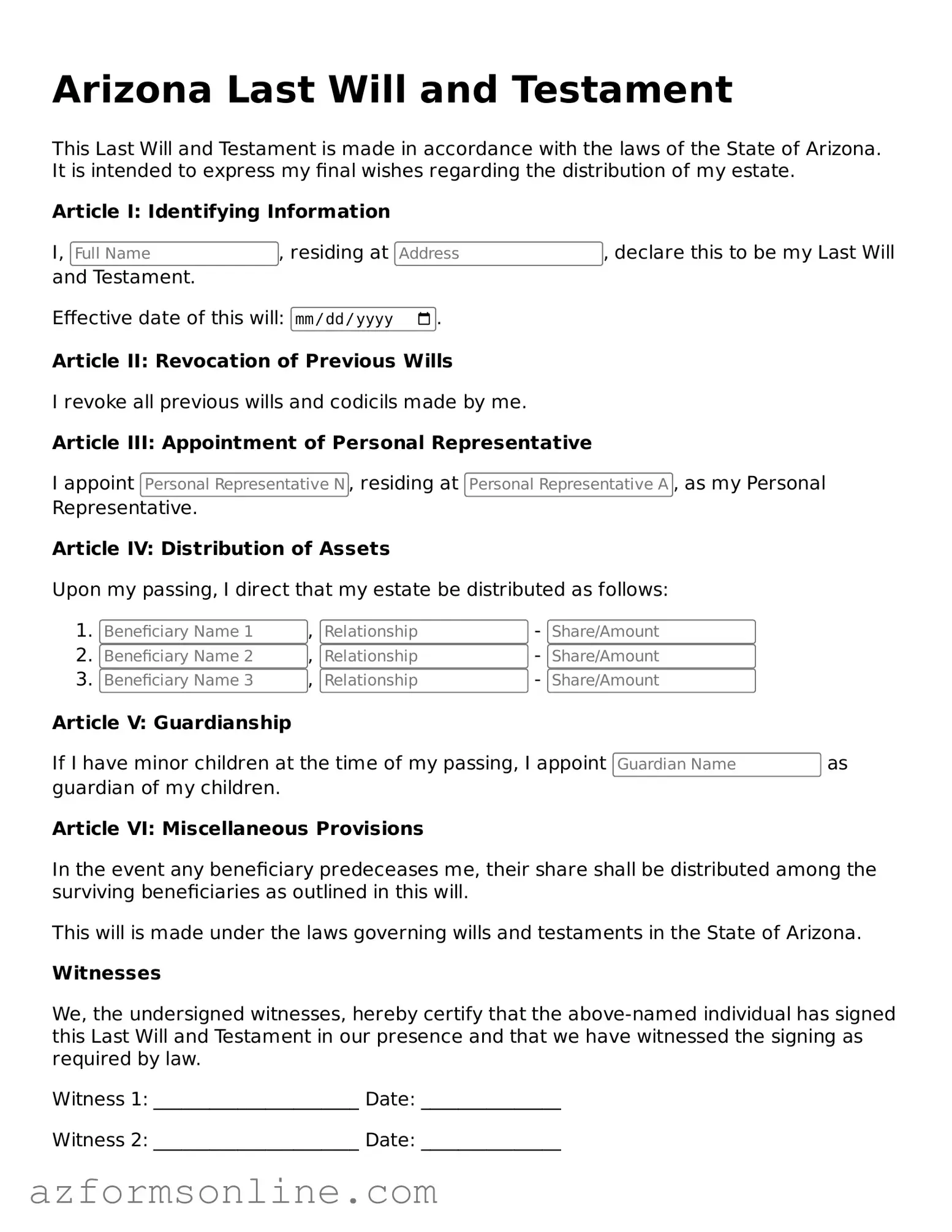Fillable Last Will and Testament Form for the State of Arizona