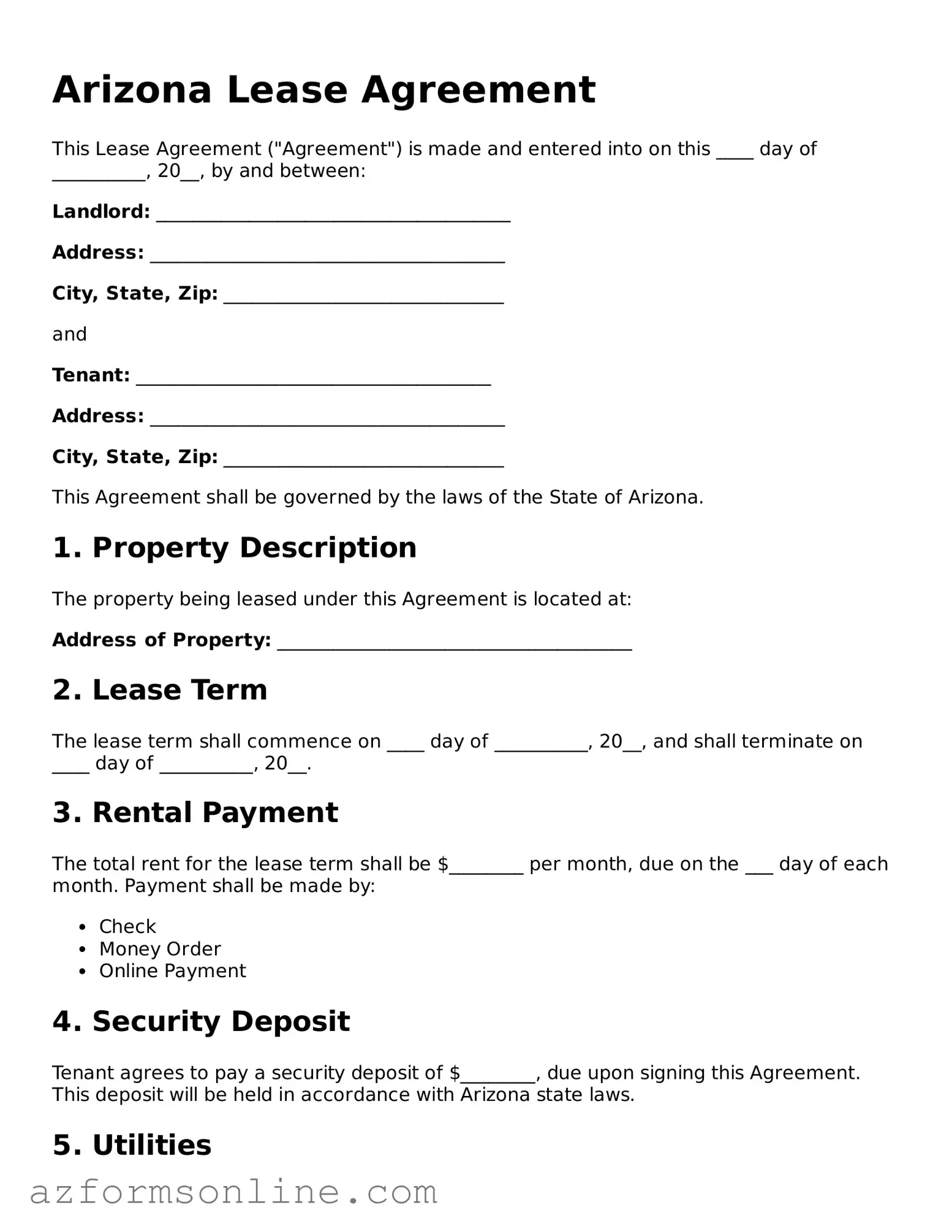 Free Arizona Lease Agreement Template Printable PDF Form
