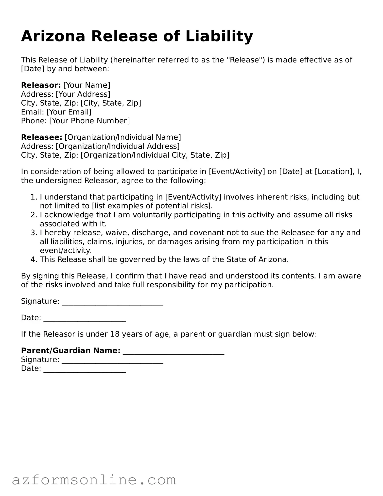 Fillable Release of Liability Form for the State of Arizona