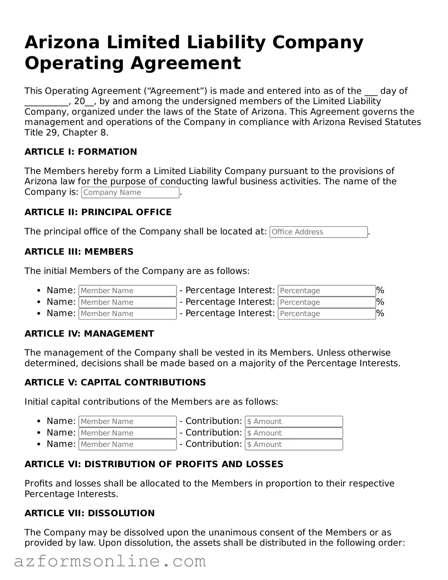 Fillable Operating Agreement Form for the State of Arizona