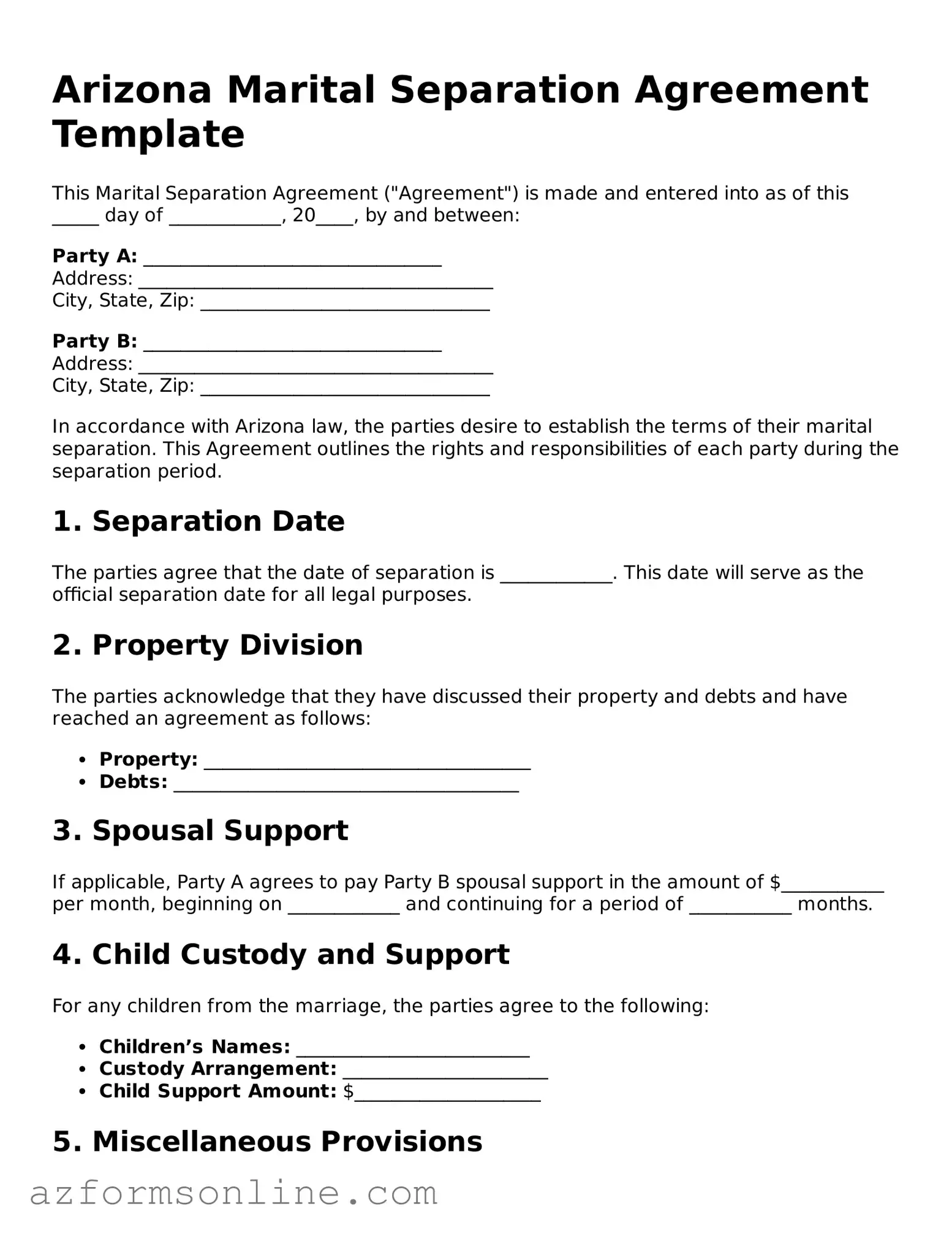 Fillable Marital Separation Agreement Form for the State of Arizona