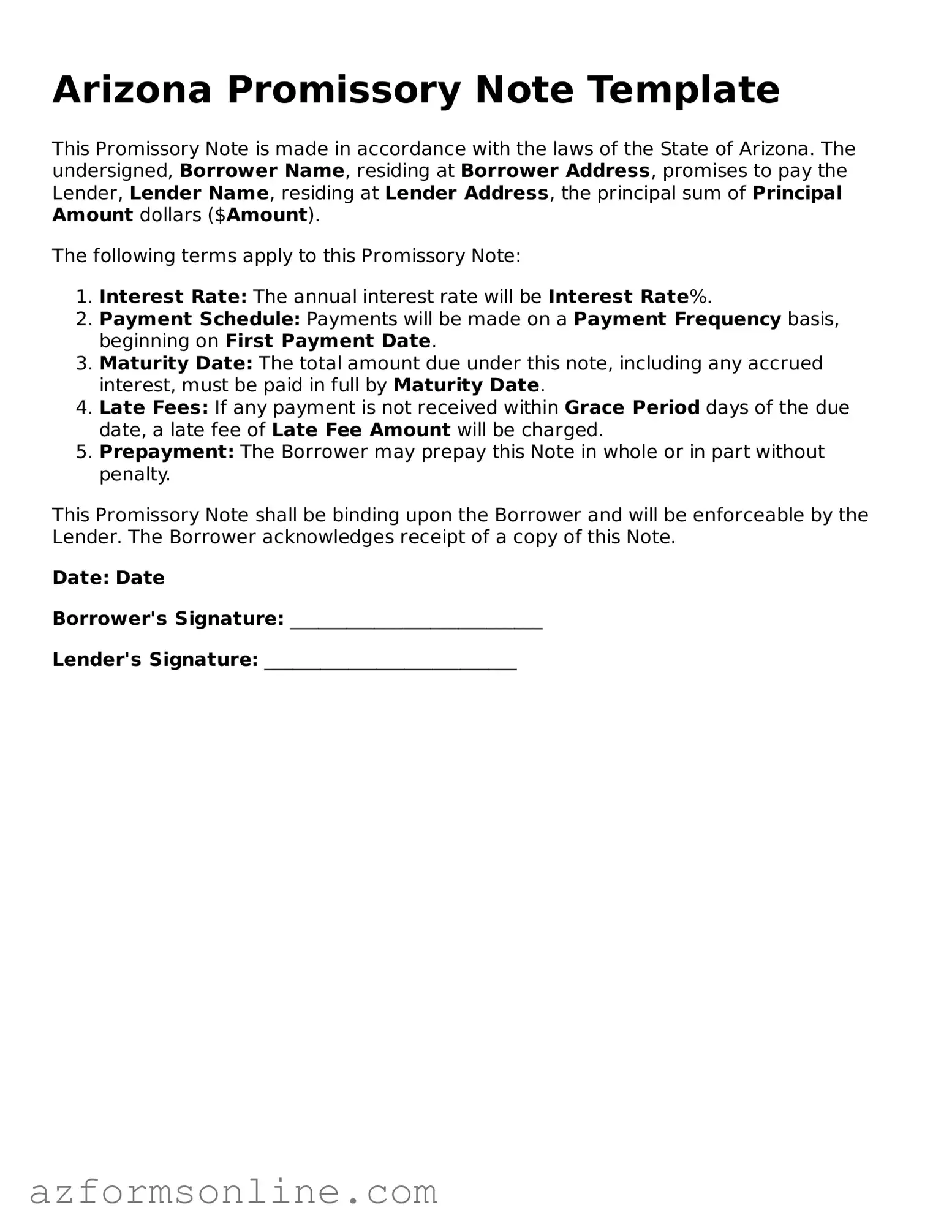 Fillable Promissory Note Form for the State of Arizona