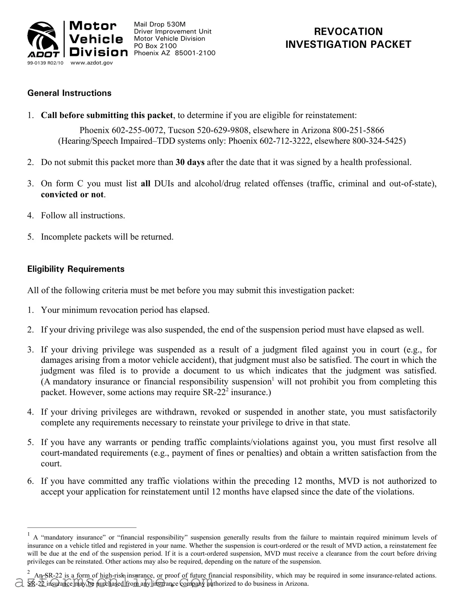 Free Arizona Motor Vehicle Division Packet Form