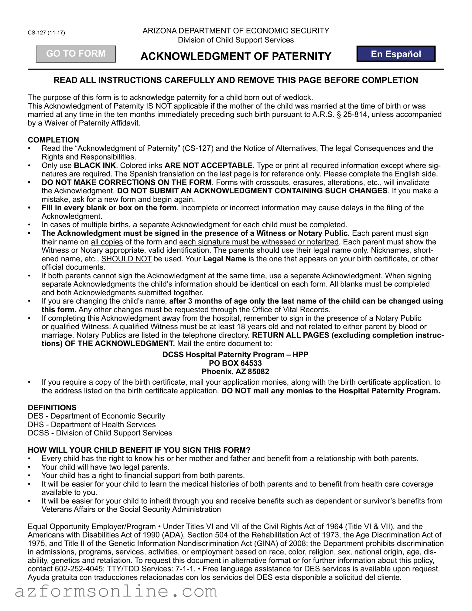 Free Arizona Paternity Form