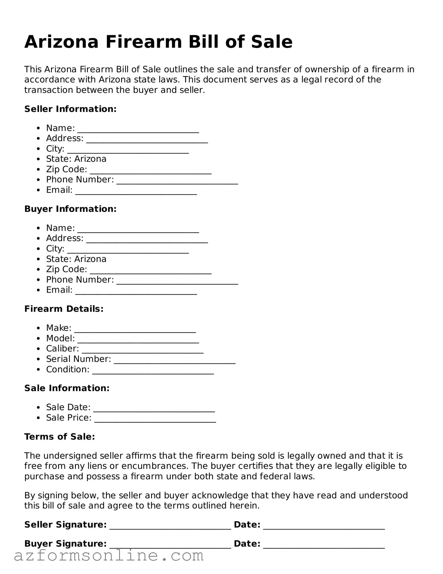 Fillable Firearm Bill of Sale Form for the State of Arizona