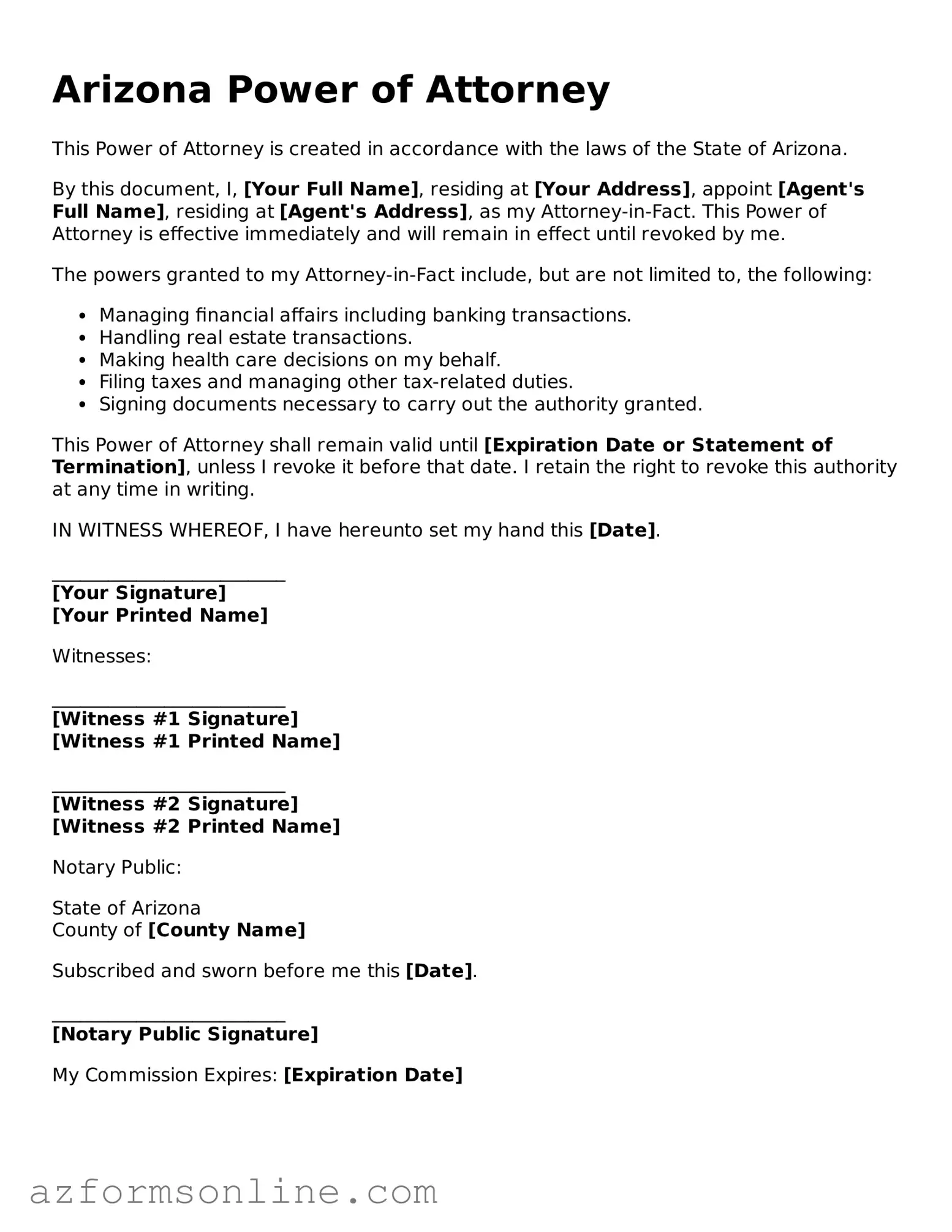 Fillable Power of Attorney Form for the State of Arizona