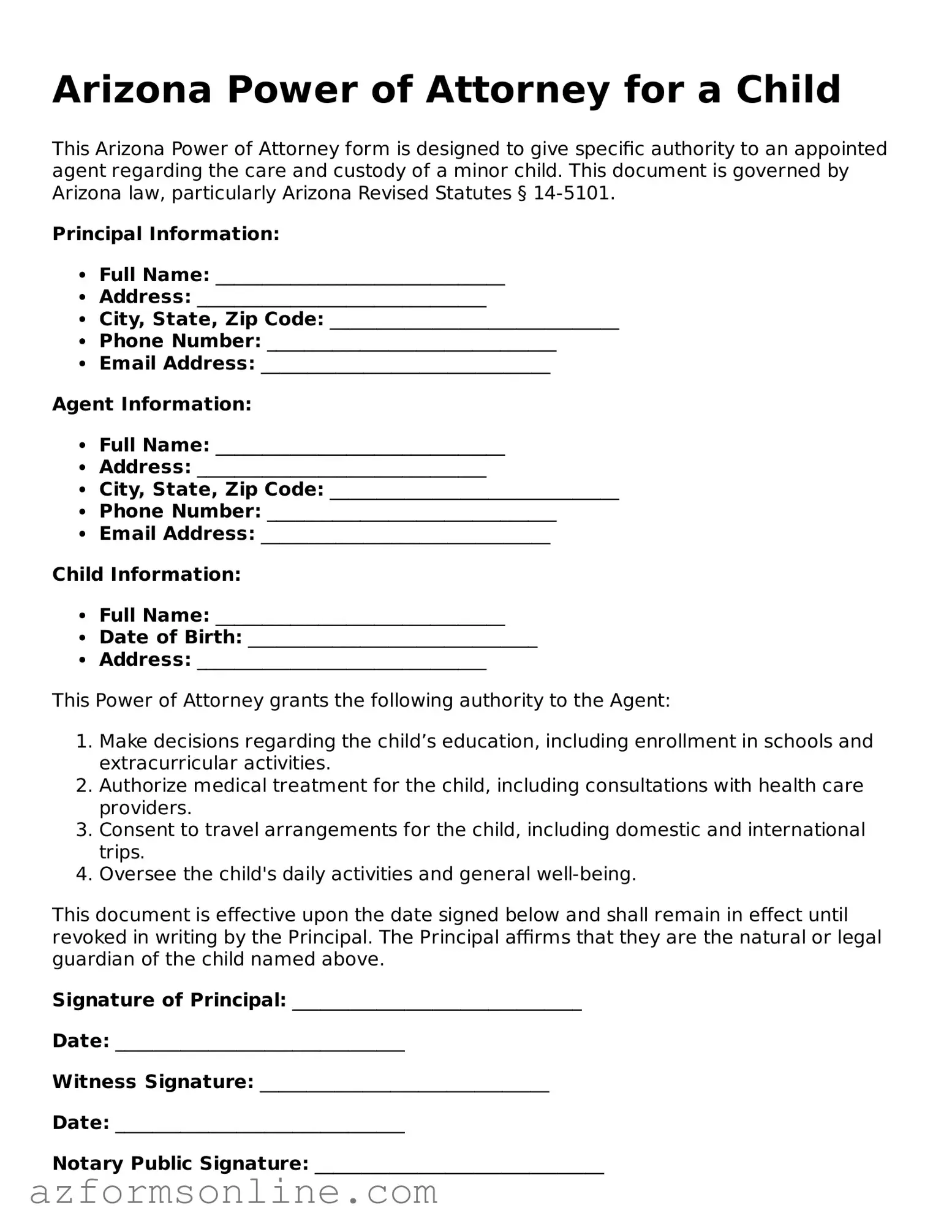 Fillable Power of Attorney for a Child Form for the State of Arizona