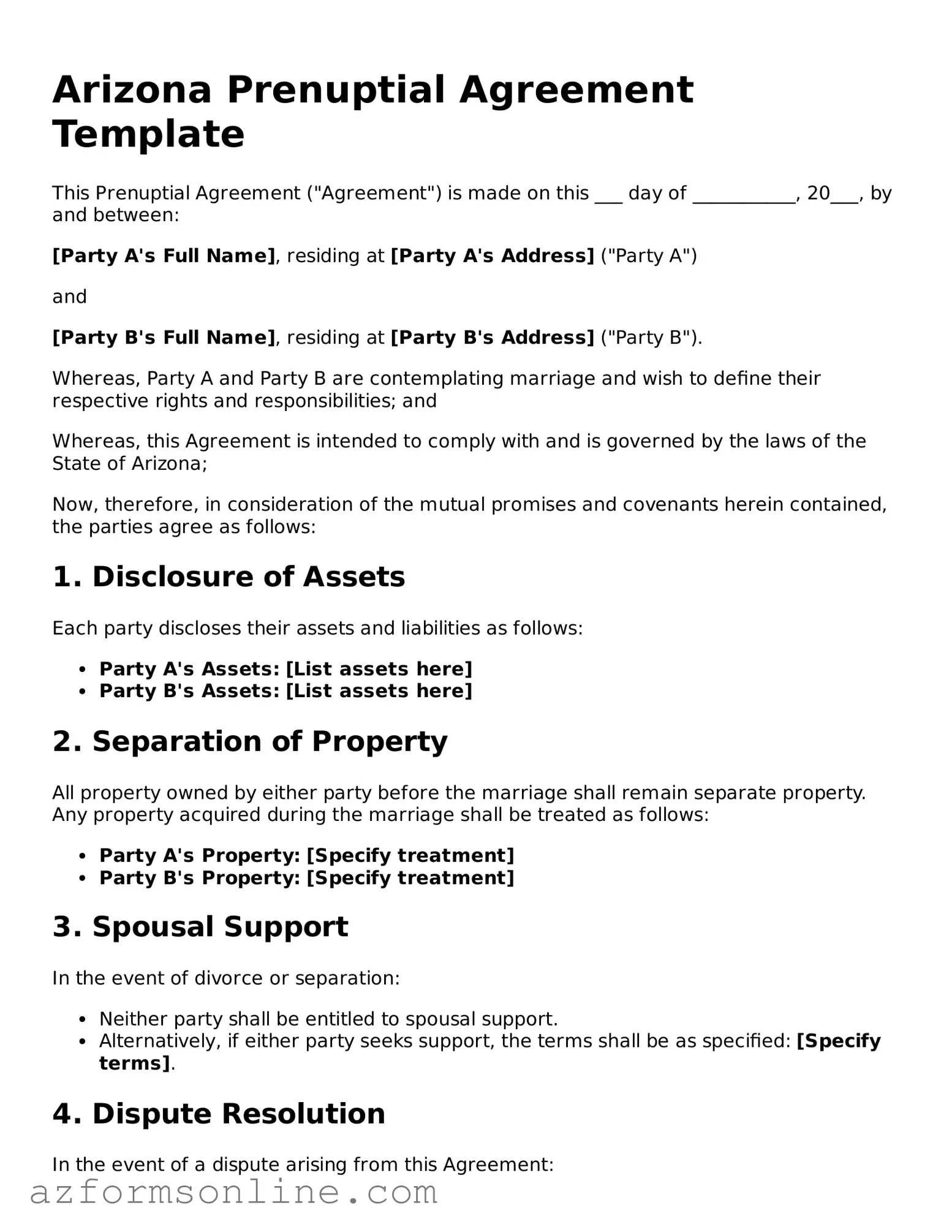 Fillable Prenuptial Agreement Form for the State of Arizona