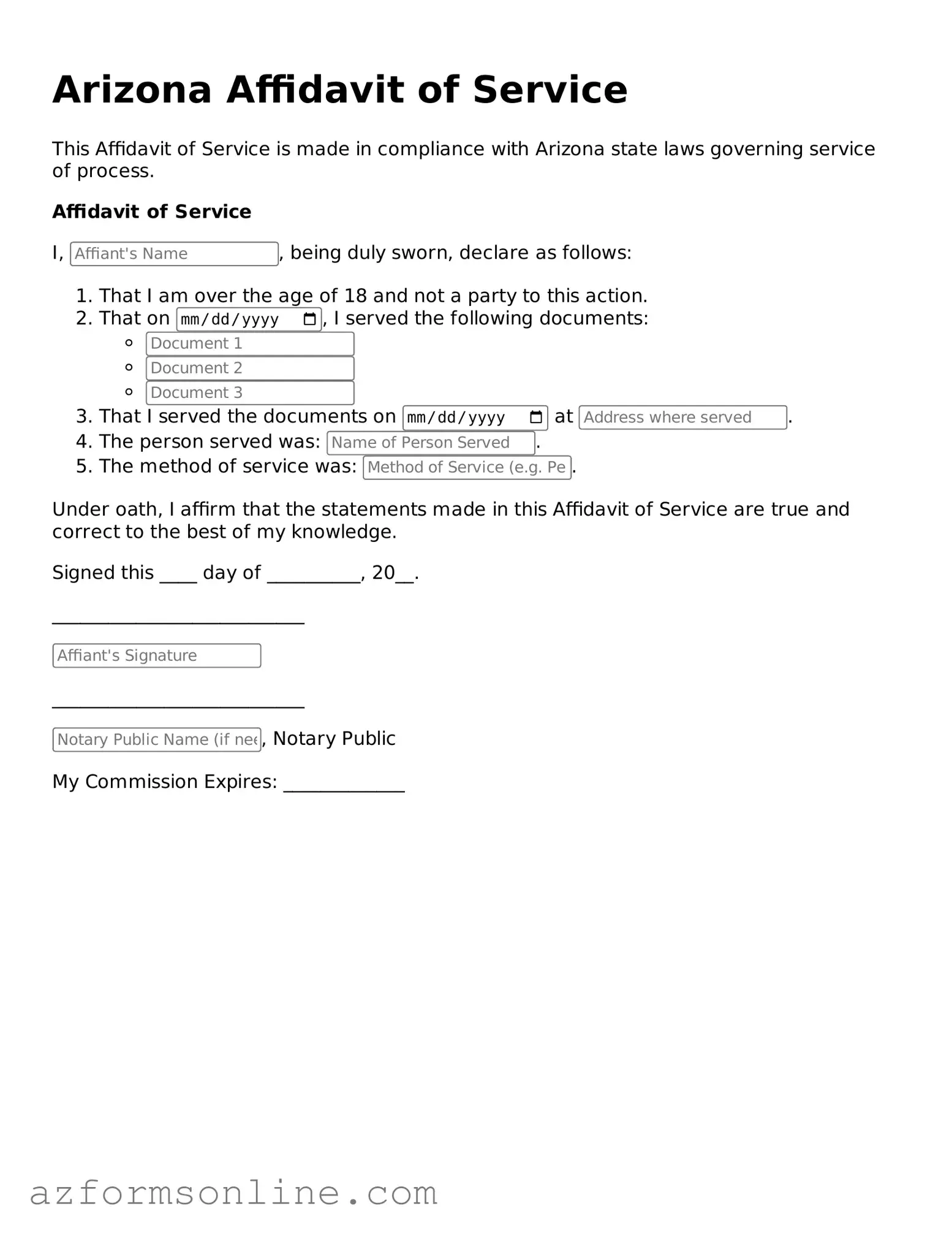 Fillable Affidavit of Service Form for the State of Arizona