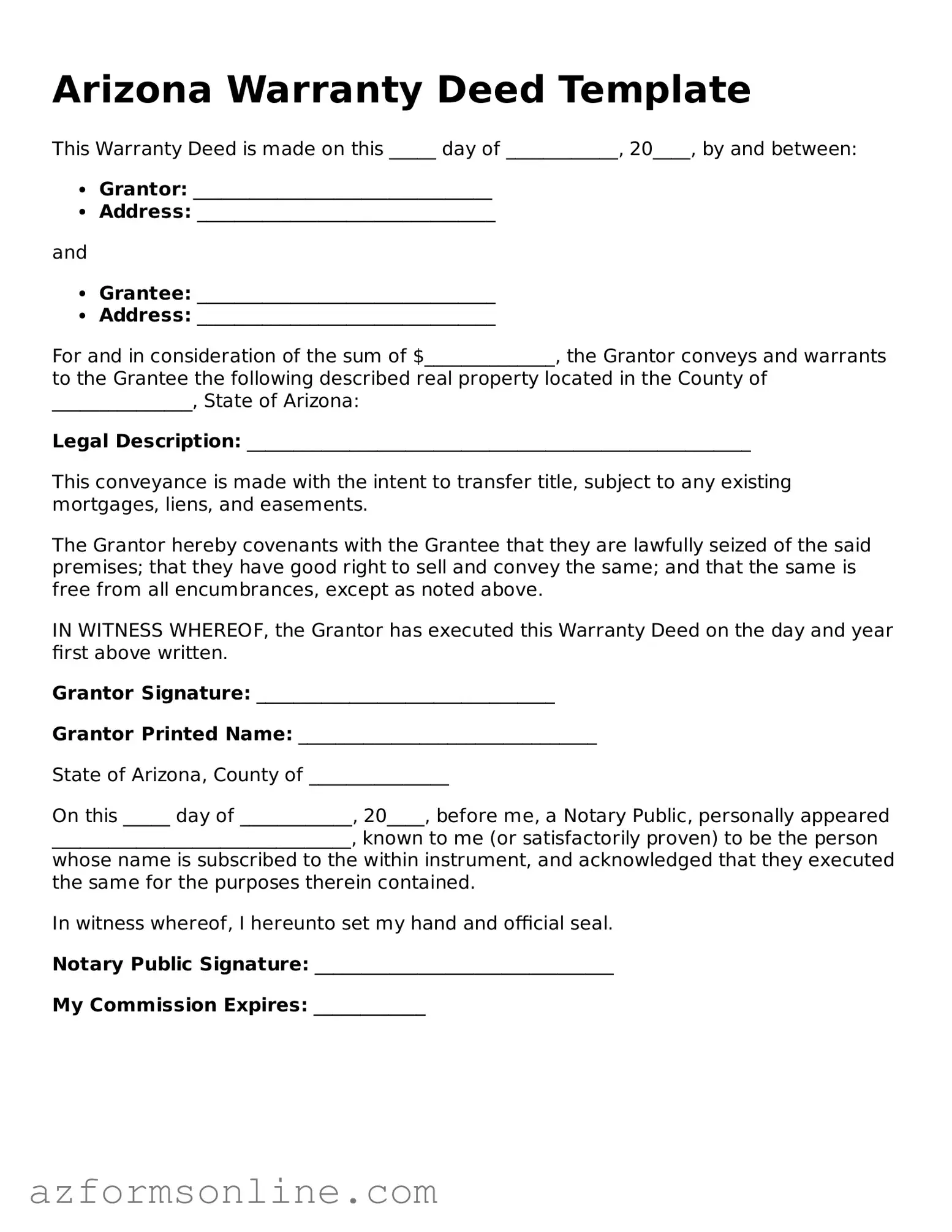 Fillable Deed Form for the State of Arizona