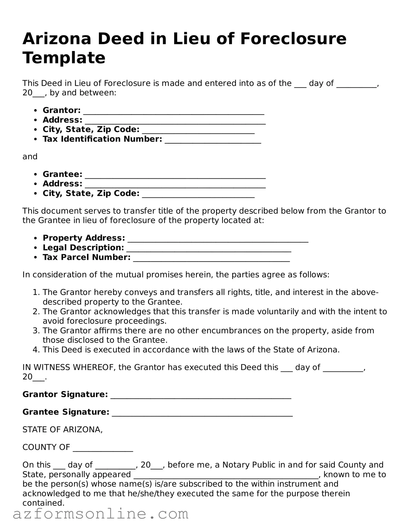 Fillable Deed in Lieu of Foreclosure Form for the State of Arizona