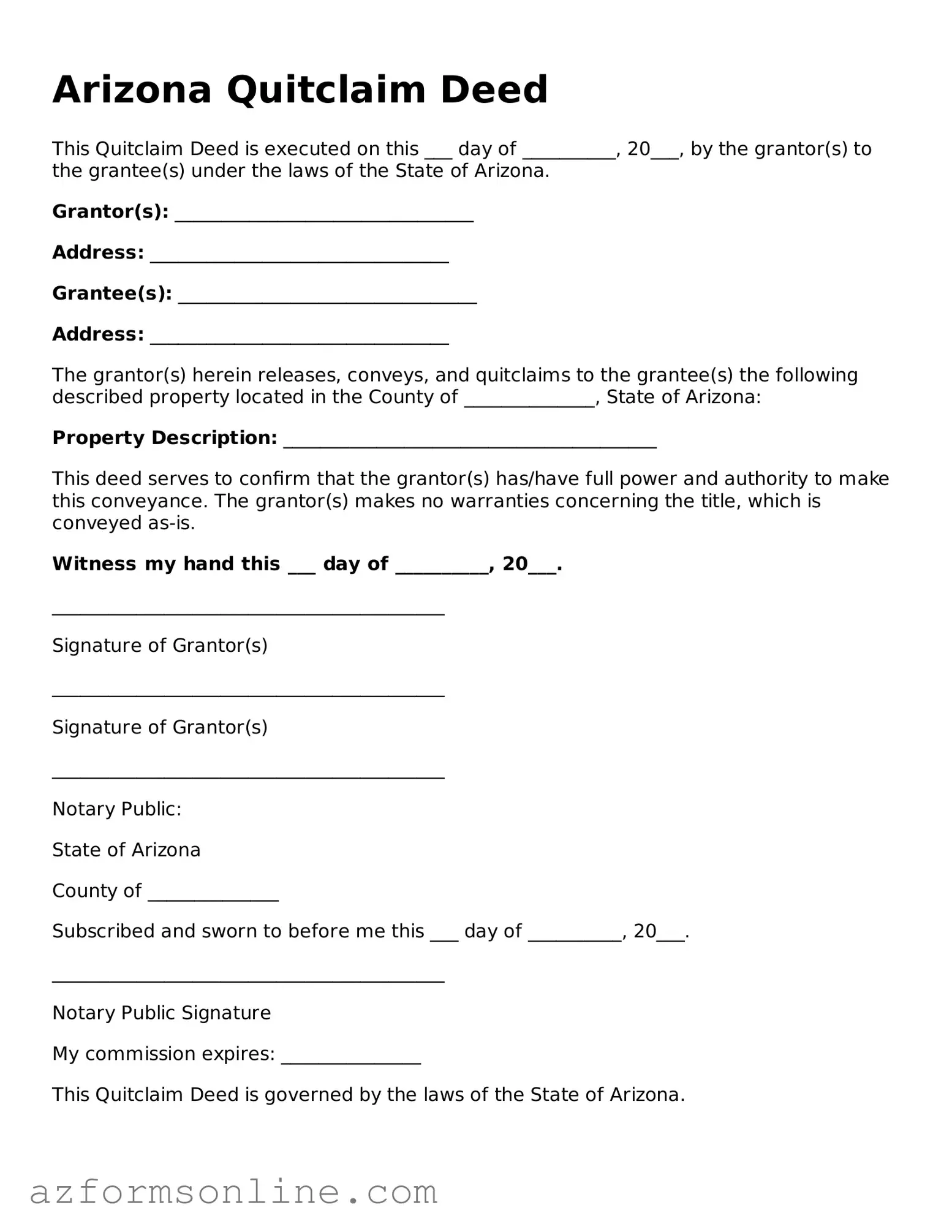 Fillable Quitclaim Deed Form for the State of Arizona