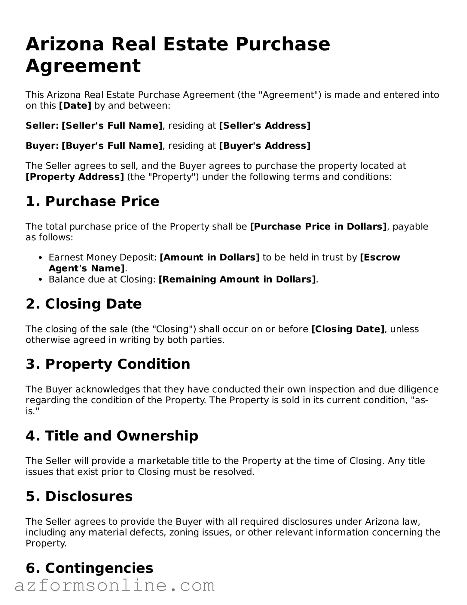 Fillable Real Estate Purchase Agreement Form for the State of Arizona