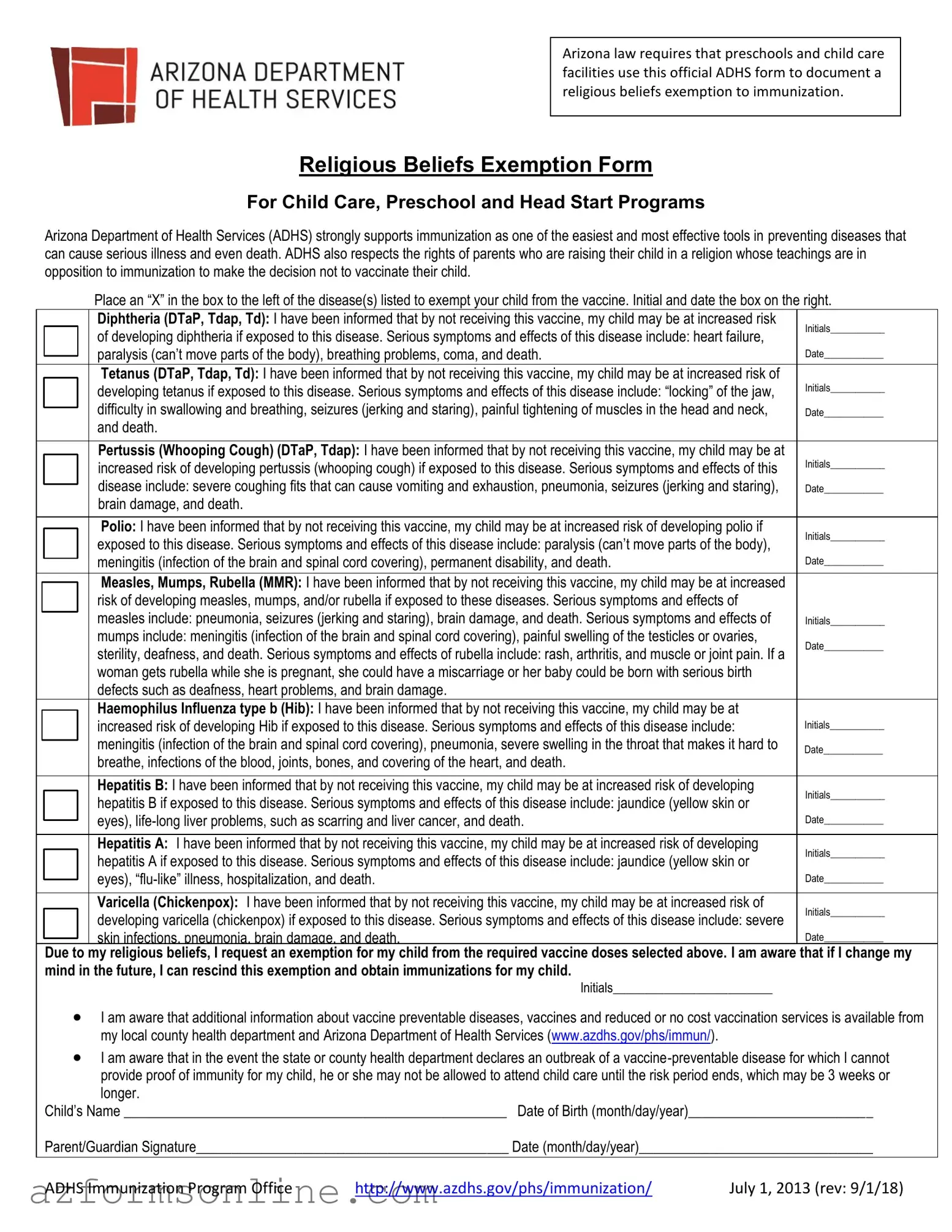 Free Arizona Religious Beliefs Form