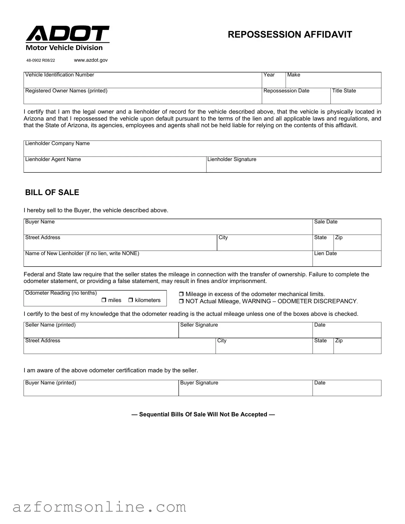 Free Arizona Repossession Affidavit Form