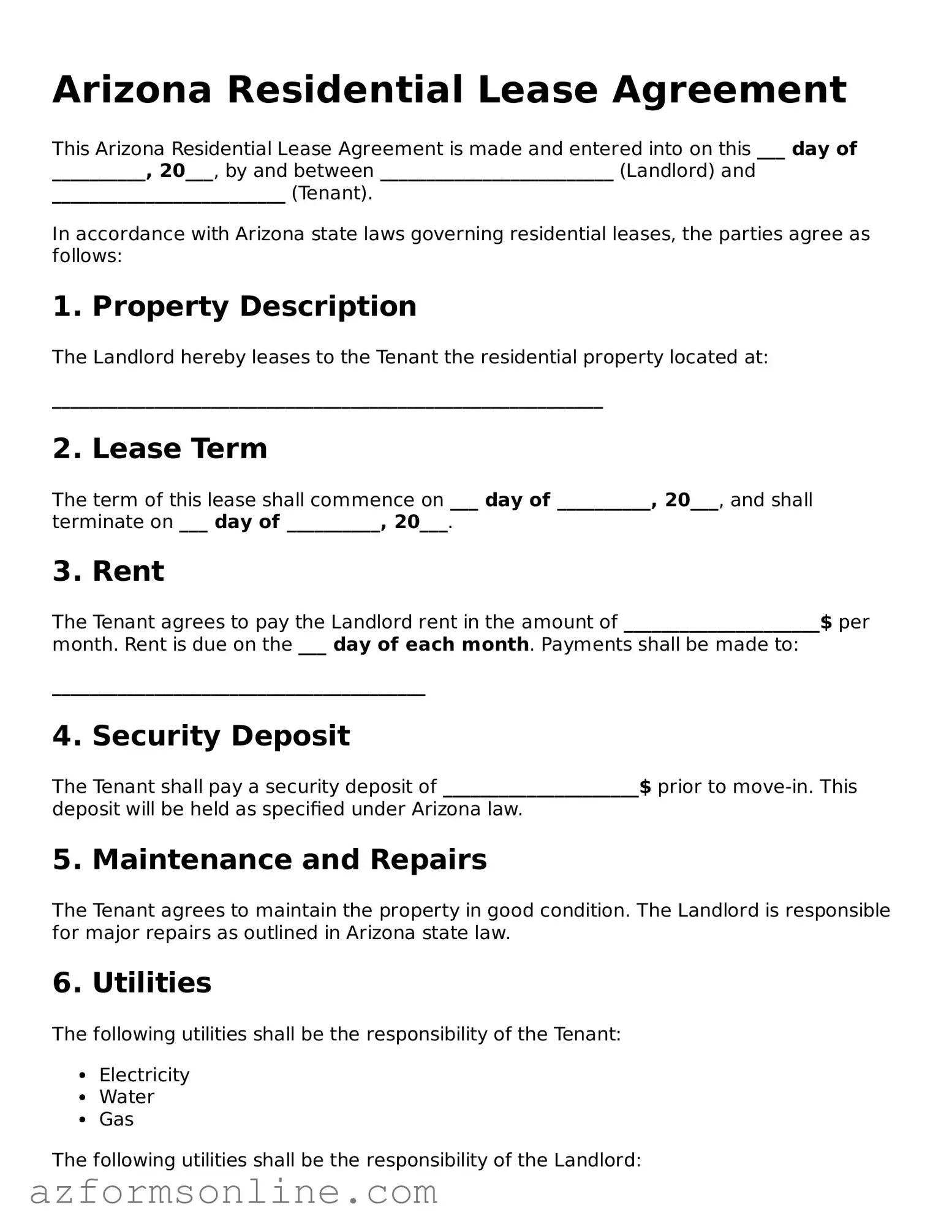 Fillable Residential Lease Agreement Form for the State of Arizona