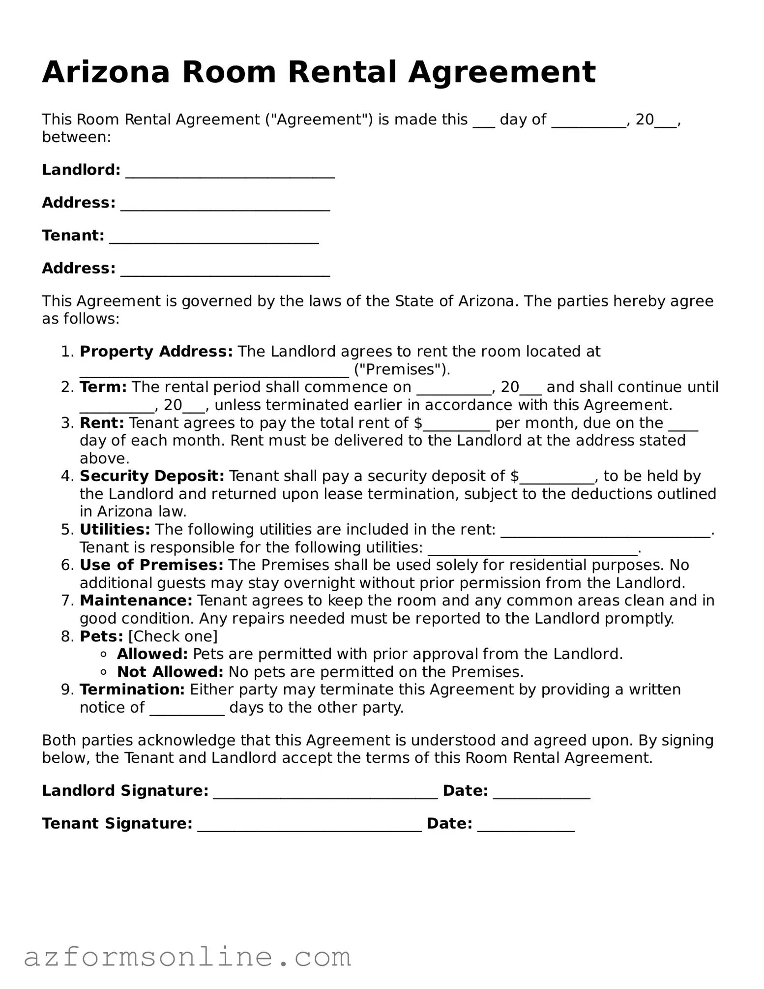 Fillable Room Rental Agreement Form for the State of Arizona